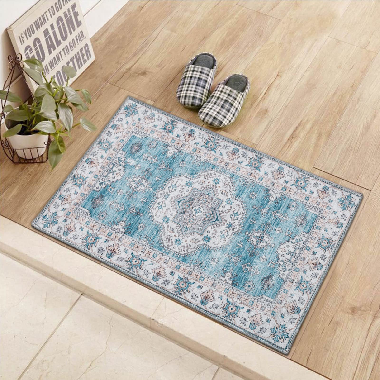 Taleta ALYSSA Blue Door Mats Indoor 50 x 80cm Washable Door Mat Vintage Doormats Small Entryway Rug Boho Machine Washable Rugs Soft Short Pile Area Rugs For Bedroom Non Slip Doormat Floor Carpet