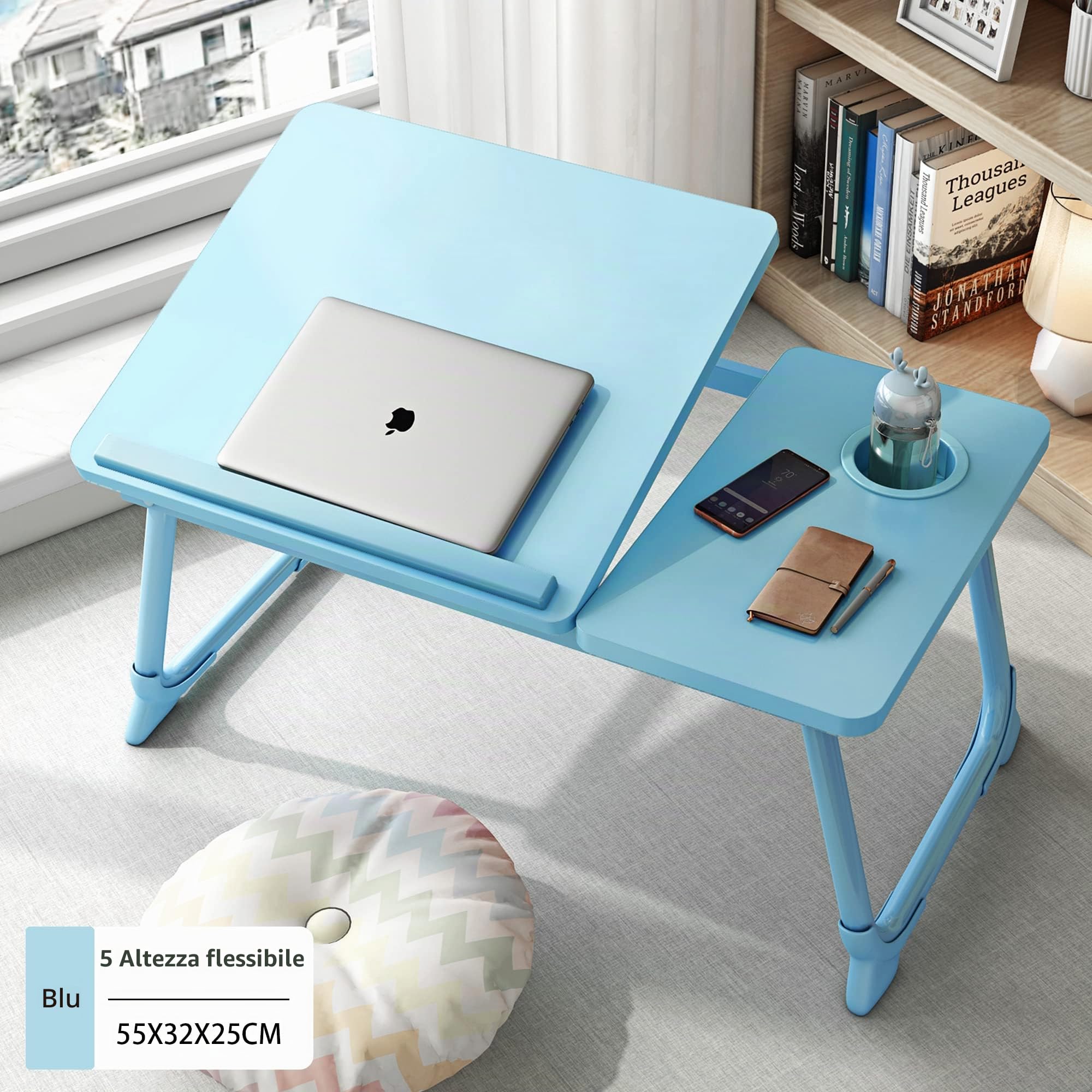 Scrivania per computer portatile, tavolo da letto con gambe pieghevoli e fessura per tazze, supporto per lettura, notebook, vassoio per colazione, letto, vassoio per libri, per divano, letto,