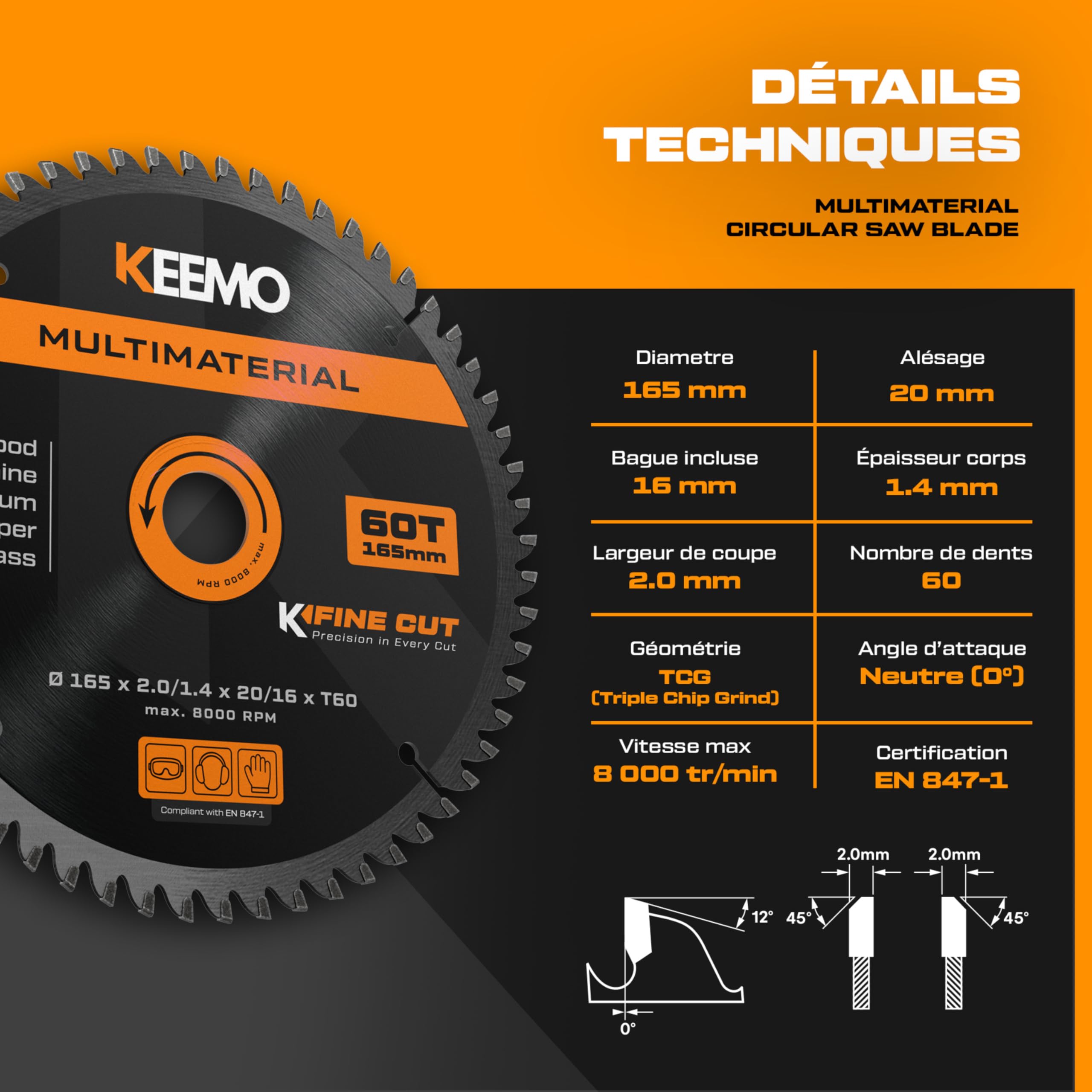 KEEMO Hoja Sierra Circular 165mm | Multimaterial | Corte Fino 2,0mm | Silenciosa & Antivibración | Madera, Laminados, PVC, Plásticos, Aluminio Fino | Aro 20→16mm Incluido