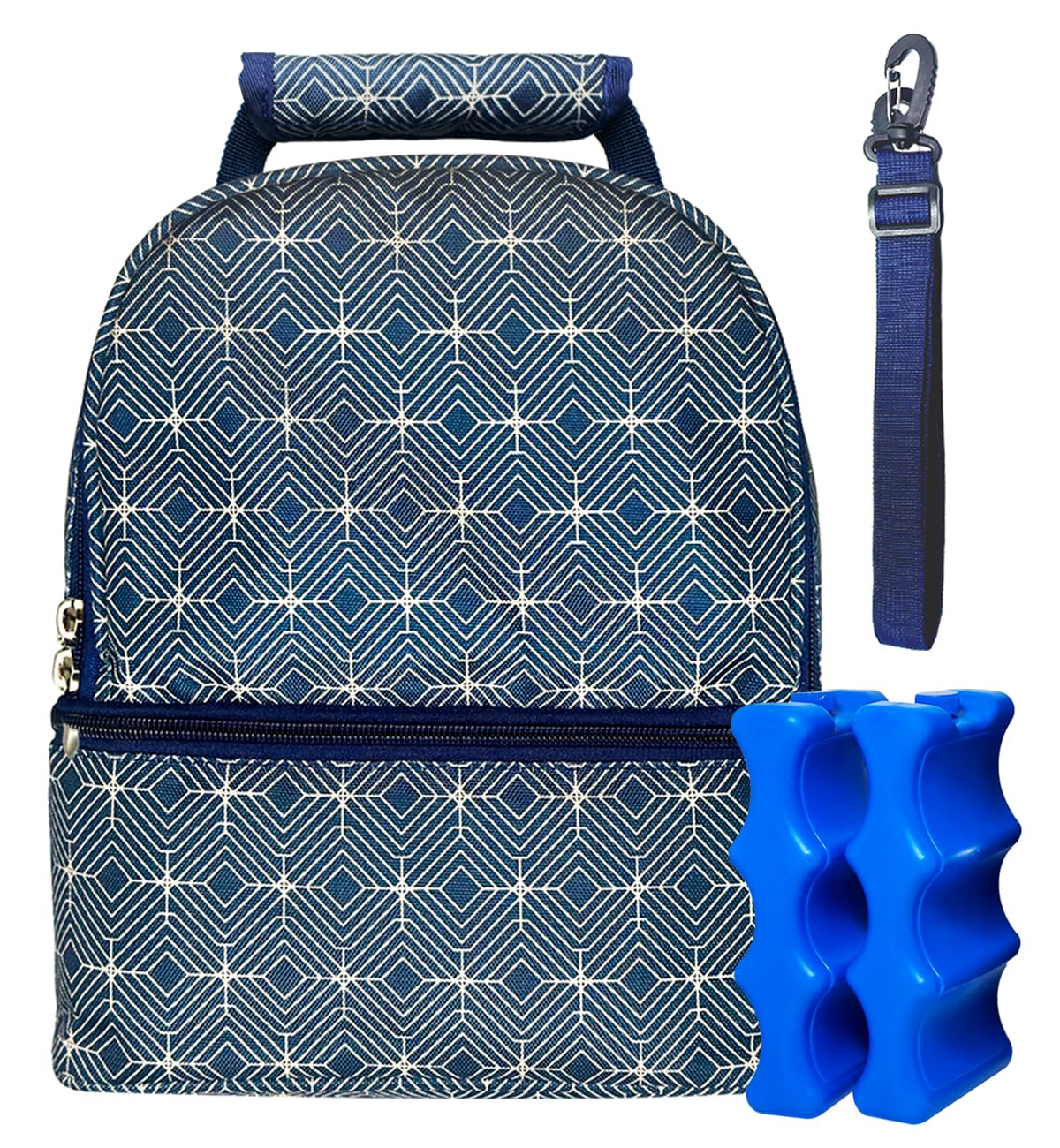 Insulated Breast Milk Cooler Bag – Fits 6 Bottles -Inclueds 2 Ice Packs – Dual Zipper Compartments - Detachable Strap - 9.4"x6.7"x10.6" – Blue
