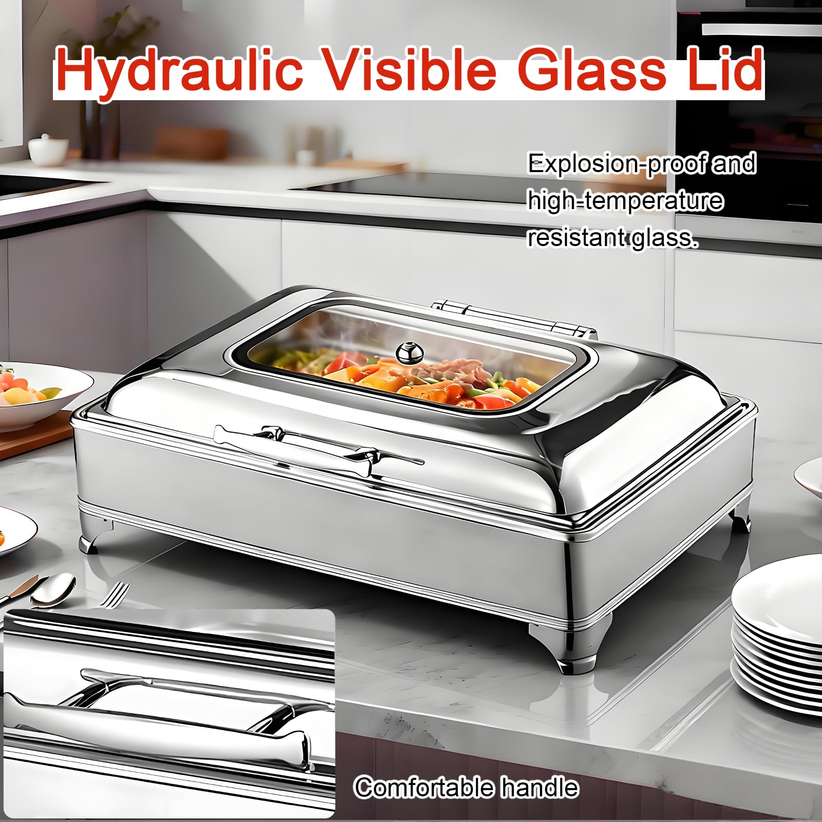 Chafing Dish Elettrico, 9L Professionale Scaldavivande Buffet Elettrico in Acciaio Inox, Contenitore Scalda Cibo per Buffet con Coperchio Trasparente, Temperatura Regolabile(1/3 Pan)