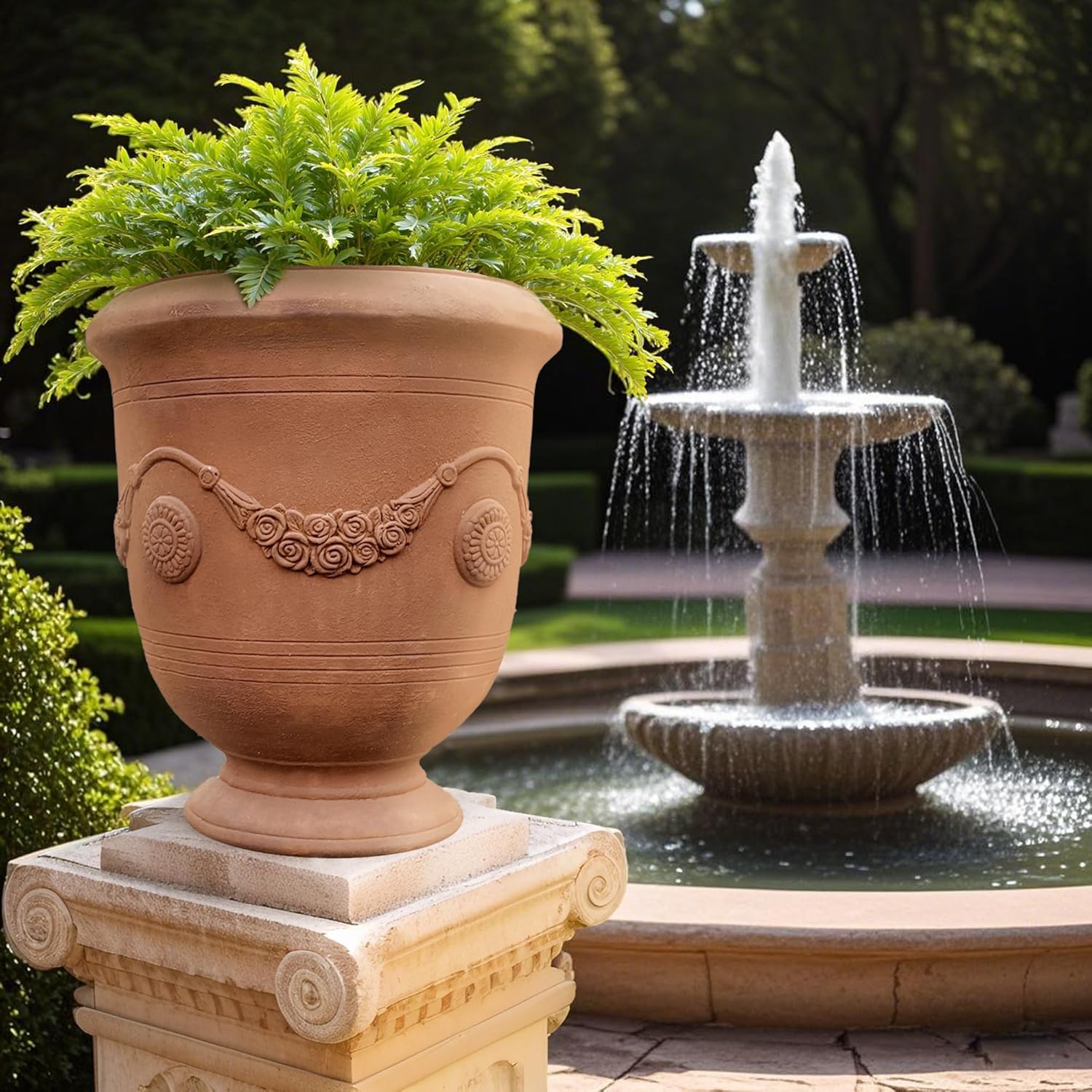 Worth Garden Large Urn Planter - 14" Dia x 17.5" H Lightweight Magnesium Oxide Plant Pot with Cement Texture - Rust-Like Finish Concrete Urn Planter with Drainage Hole for Indoor & Outdoor Decor