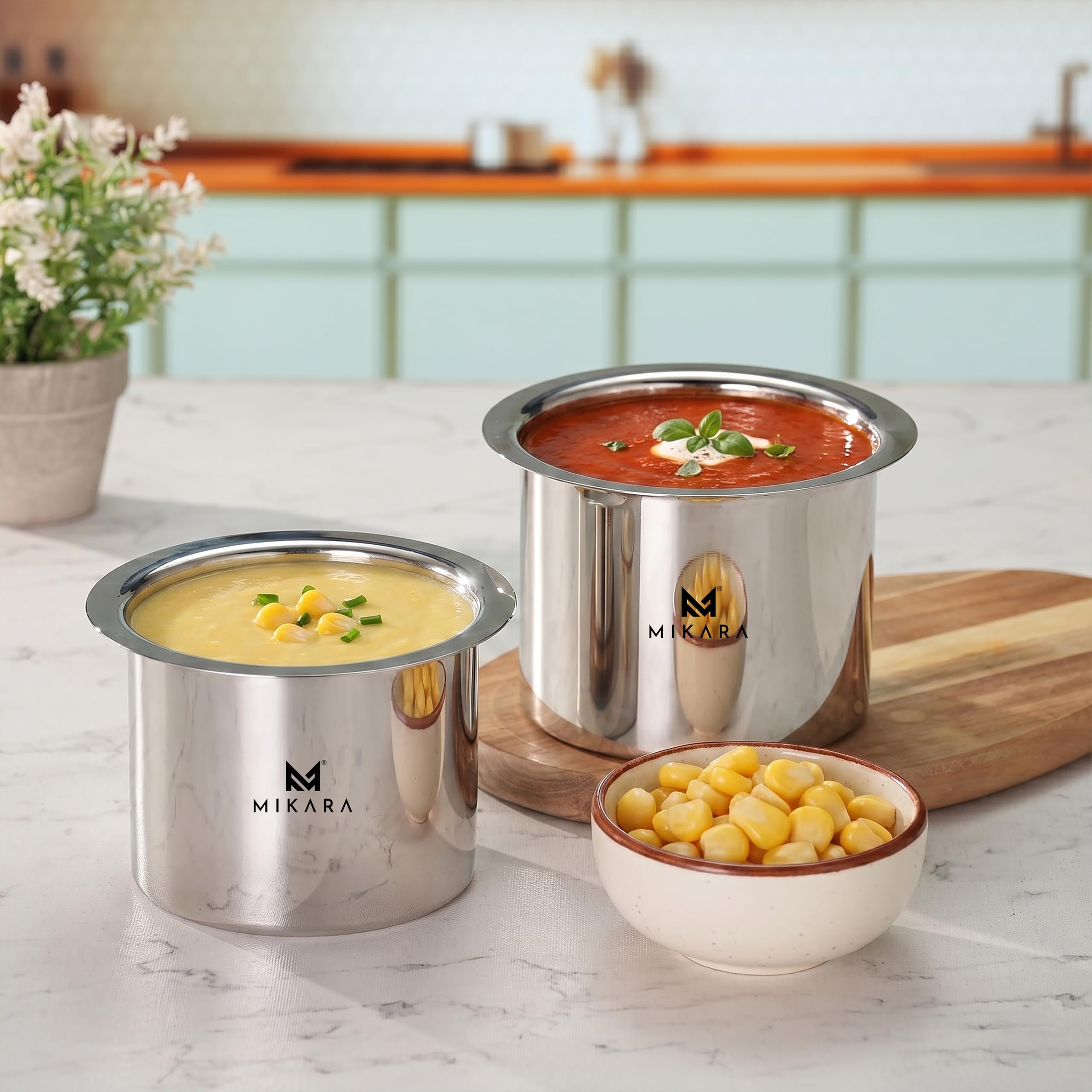 MIKARA Stainless Steel Stackable Tope Set of 2 Without Lid | Space Saving Design | Flat Bottom Heavy Gauge Cookware |Gas & Induction Compatible| Mirror Finish Multipurpose Cookware | (950ml, 1150ml)