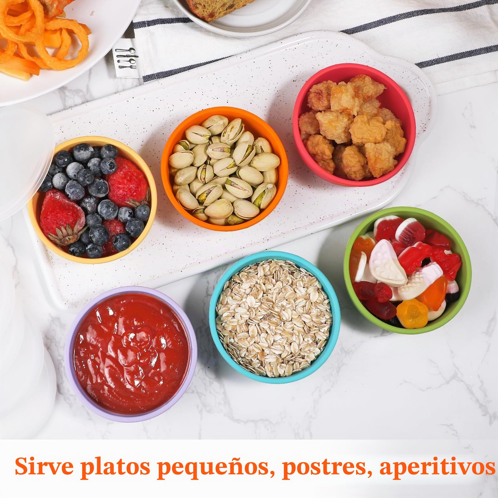 webake 6 cuencos pequeños con tapa de silicona, juego de cuencos de cereales con tapa, cuencos para salsas, aperitivos, postres, salsas y salsas