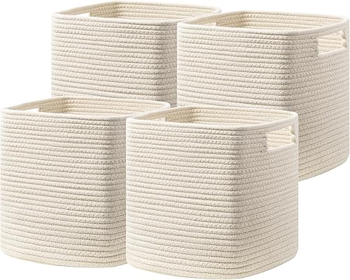 UBBCARE Juego de 4 cestas de almacenamiento de 13 x 13 x 13 pulgadas, cesta de cuerda de algodón para estantes, juguetes, libros, cubos de