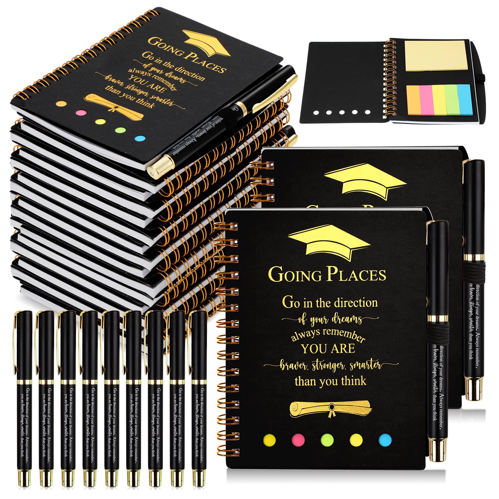 Dinifee 10 Set 2026 Graduation Gift Bulk Inspirational Spiral Journal with Sticky Note Motivational Pen Thank You Notebook Gel Pen Gift for Student