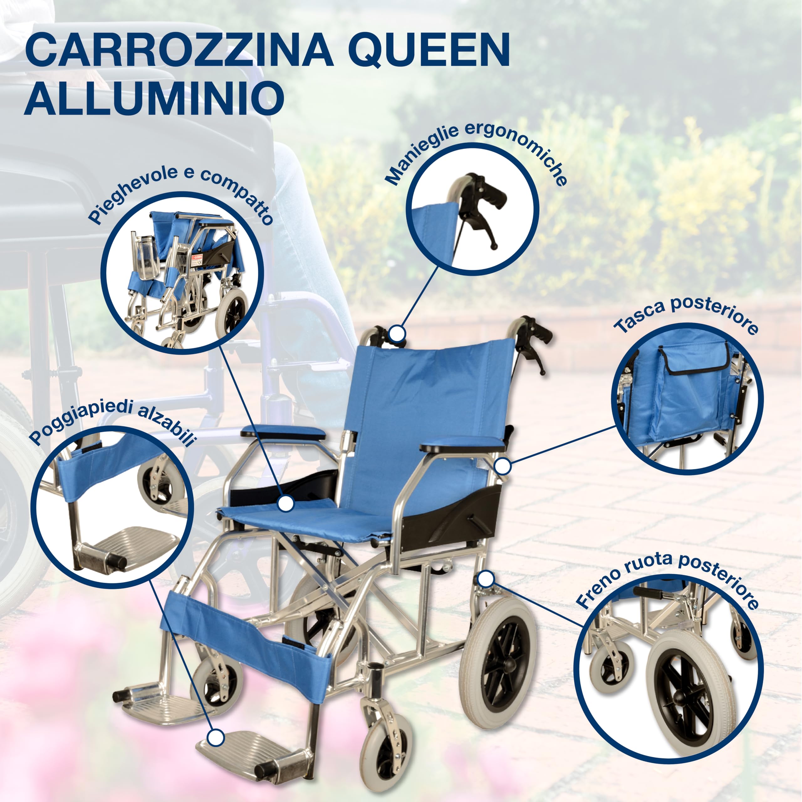 GIMA ref 43250 Silla de ruedas modelo Queen de aluminio, tela azul claro, asiento 46cm, ultra ligera 9.5kg, ruedas delanteras 15cm, ruedas traseras 30 cm con frenos de bloqueo