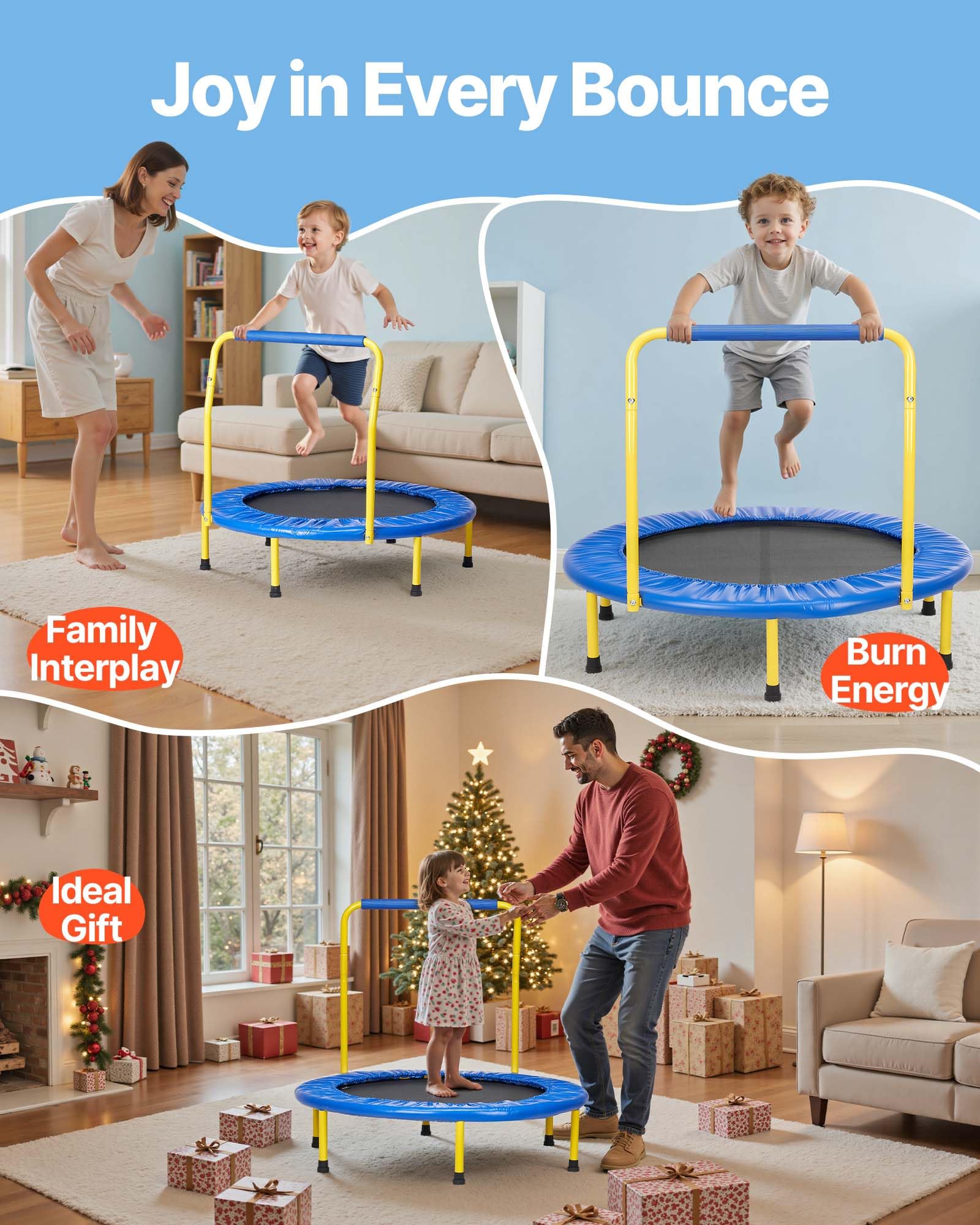 VEVOR Trampoline pour Enfants 92 cm Mini Trampoline Extérieur Intérieur Pliable pour Tout-Petits avec Poignée Mousse Trampoline Récréatif Exercices Cadeau d'anniversaire pour Enfants de 3 Ans et Plus