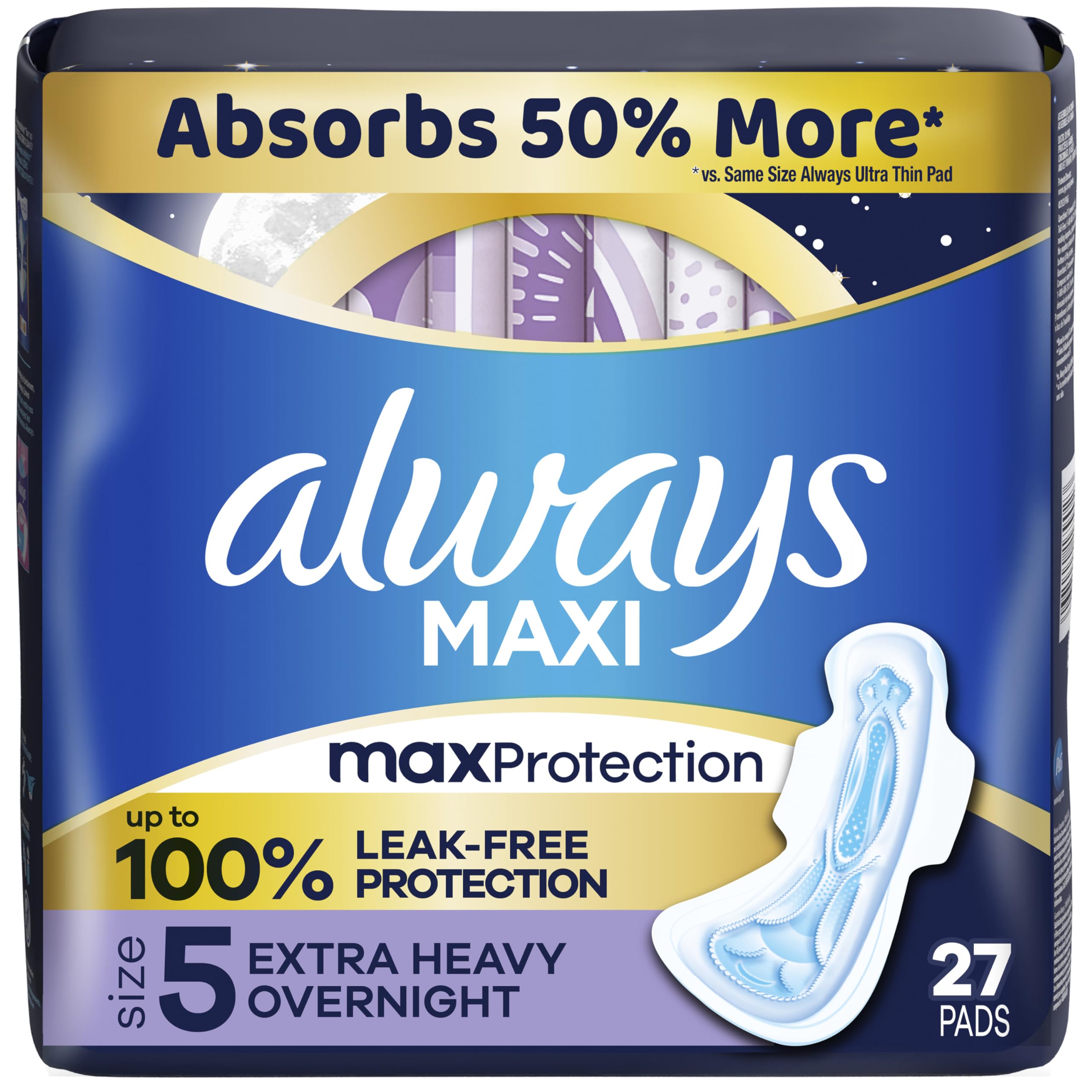 Maxi Overnight Extra Heavy Flow with Wings, Unscented Pads 27 Count (Jumbo)