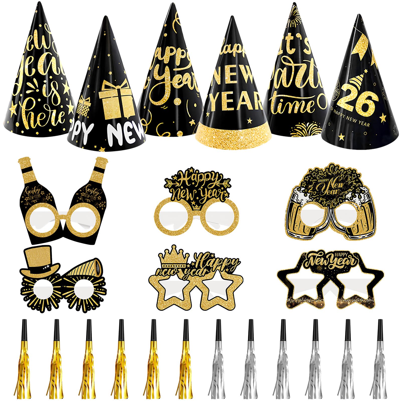 Openfly 24Pcs New Years Eve Party Supplies 2026 Happy New Years Party Headband Hats New Year Glasses New Year Noise Makers