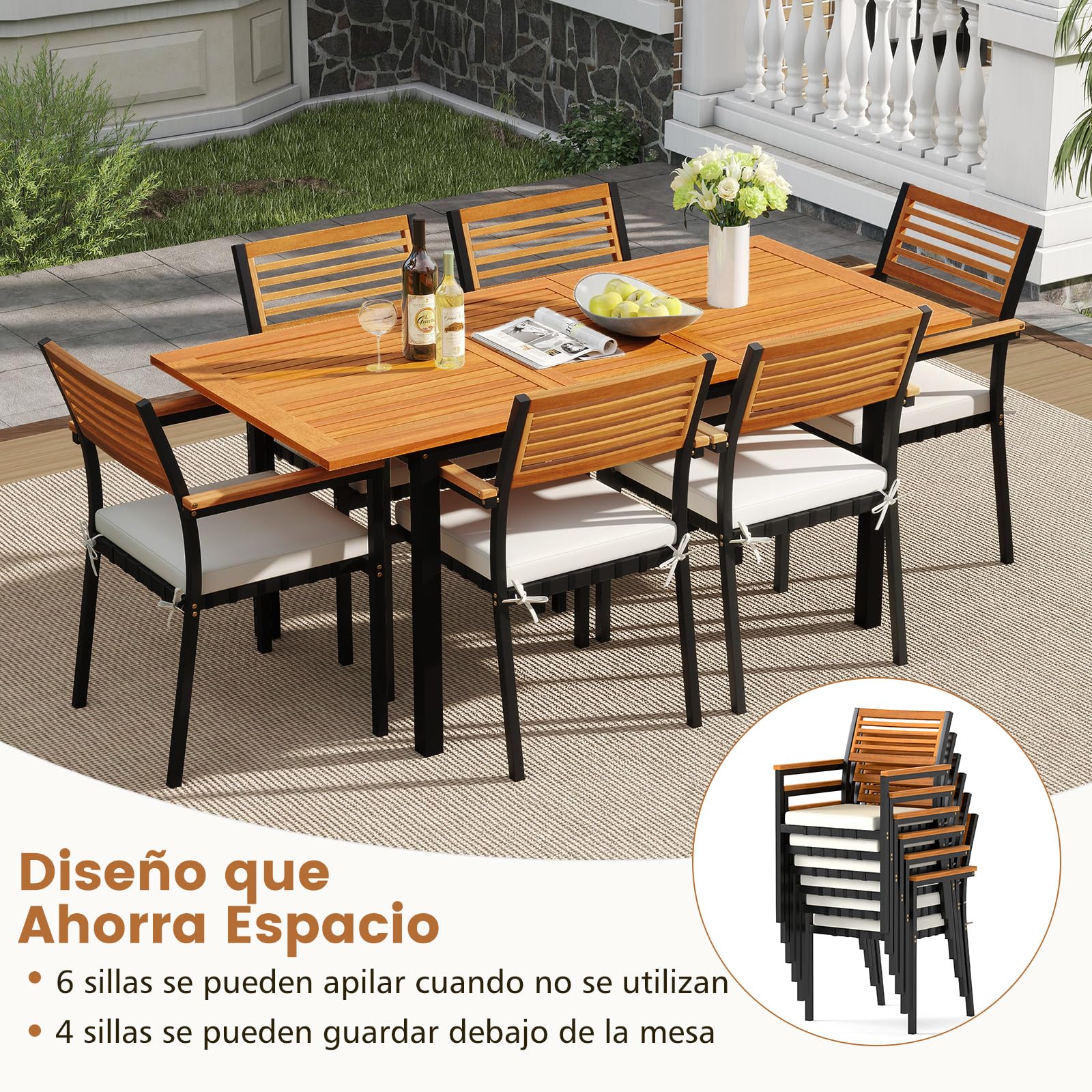 COSTWAY Conjunto Jardín Exterior de 7 Piezas, Madera Acacia, Muebles de Comedor con Mesa Extensible,6 Sillas Apilables，Cojines Extraíbles，Mesa y Sillas Jardin Patio Terraza Balcon