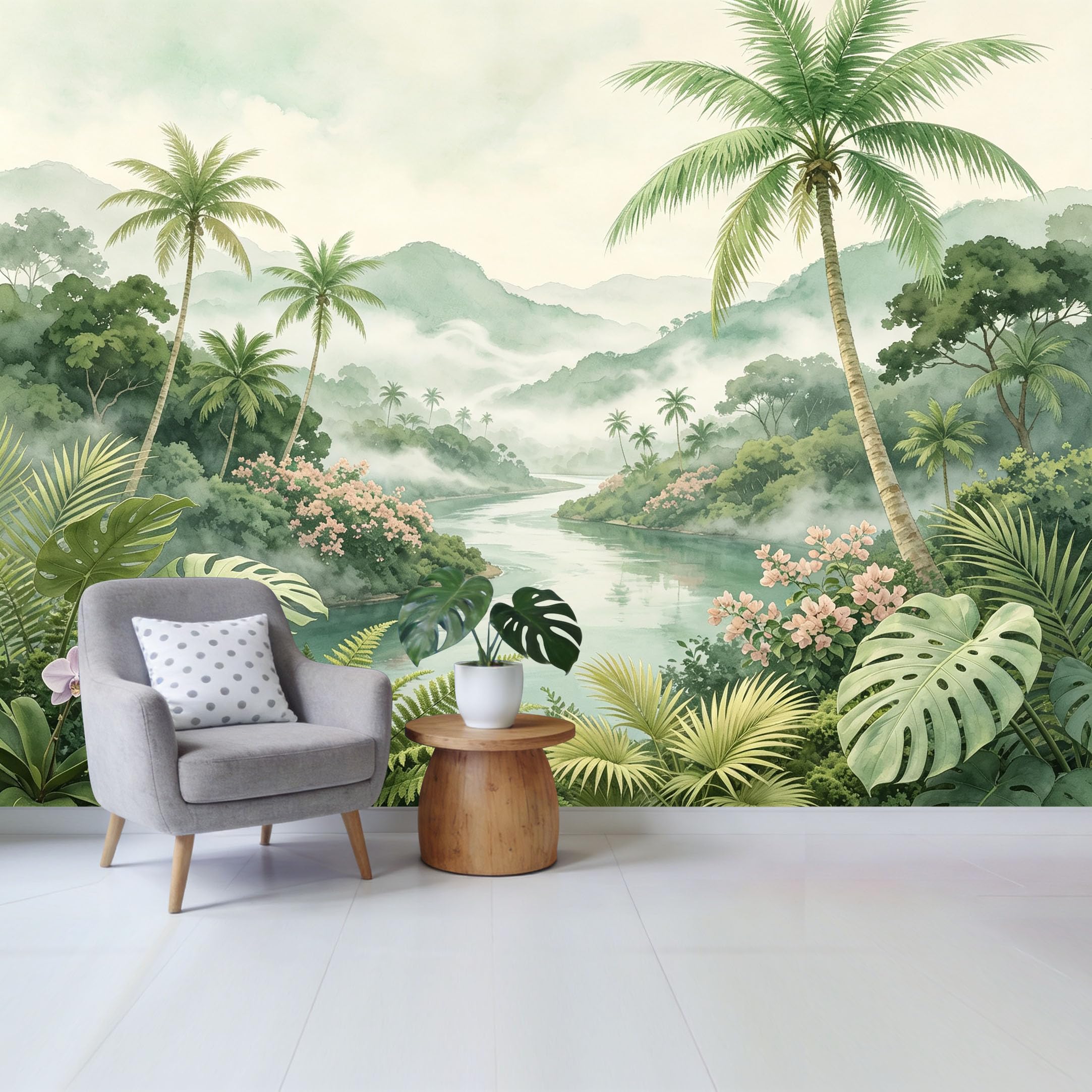 Custom Size Wall Mural Tropical Rainforest River Landscape Watercolor Botanical Removable Self Adhesive Fabric Home Wall Decor for Living Room Bedroom Bathroom Background