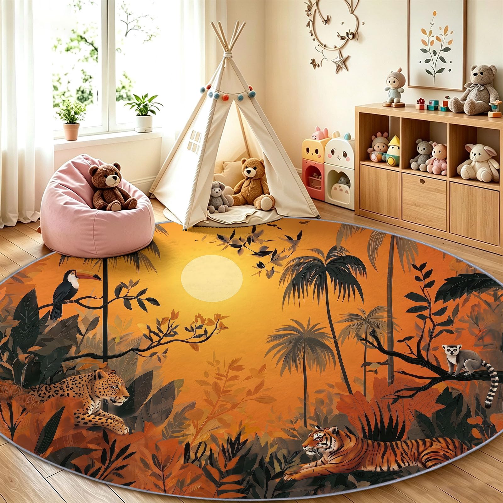 Tappeto rotondo a pelo corto per soggiorno, motivo paesaggio naturale, rotondo, 140 cm, con tigre, leopardo, giungla, tramonto, lavabile, extra morbido, antiscivolo, per la cameretta dei bambini e la