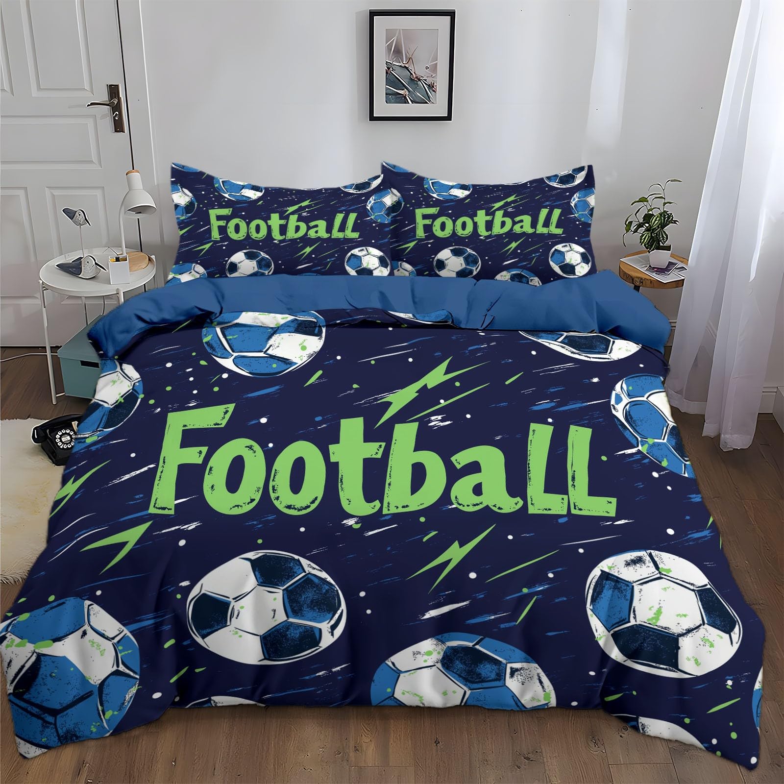 California King Duvet Cover Blue Cartoon Football Cal King Bedding Duvet Cover Set, 3 Pieces, Soft and Breathable Comforter Cover with 2 Pillow Shams, for All Season