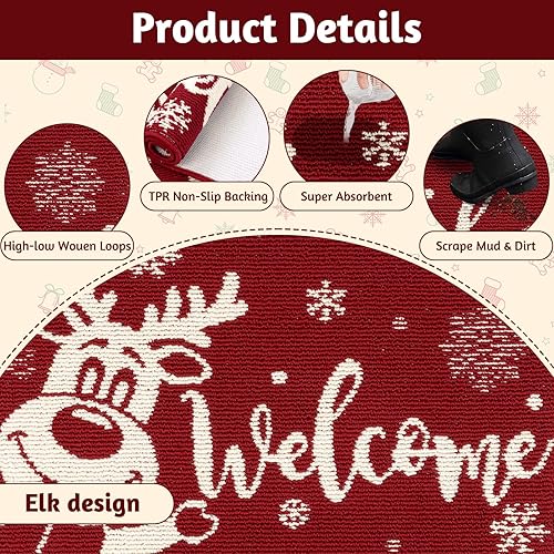 Miniatura 4 de Findosom Felpudo de Navidad, 20 x 32 pulgadas, tapete de bienvenida de Navidad con reno, antideslizante, lavable, de perfil bajo, para puerta