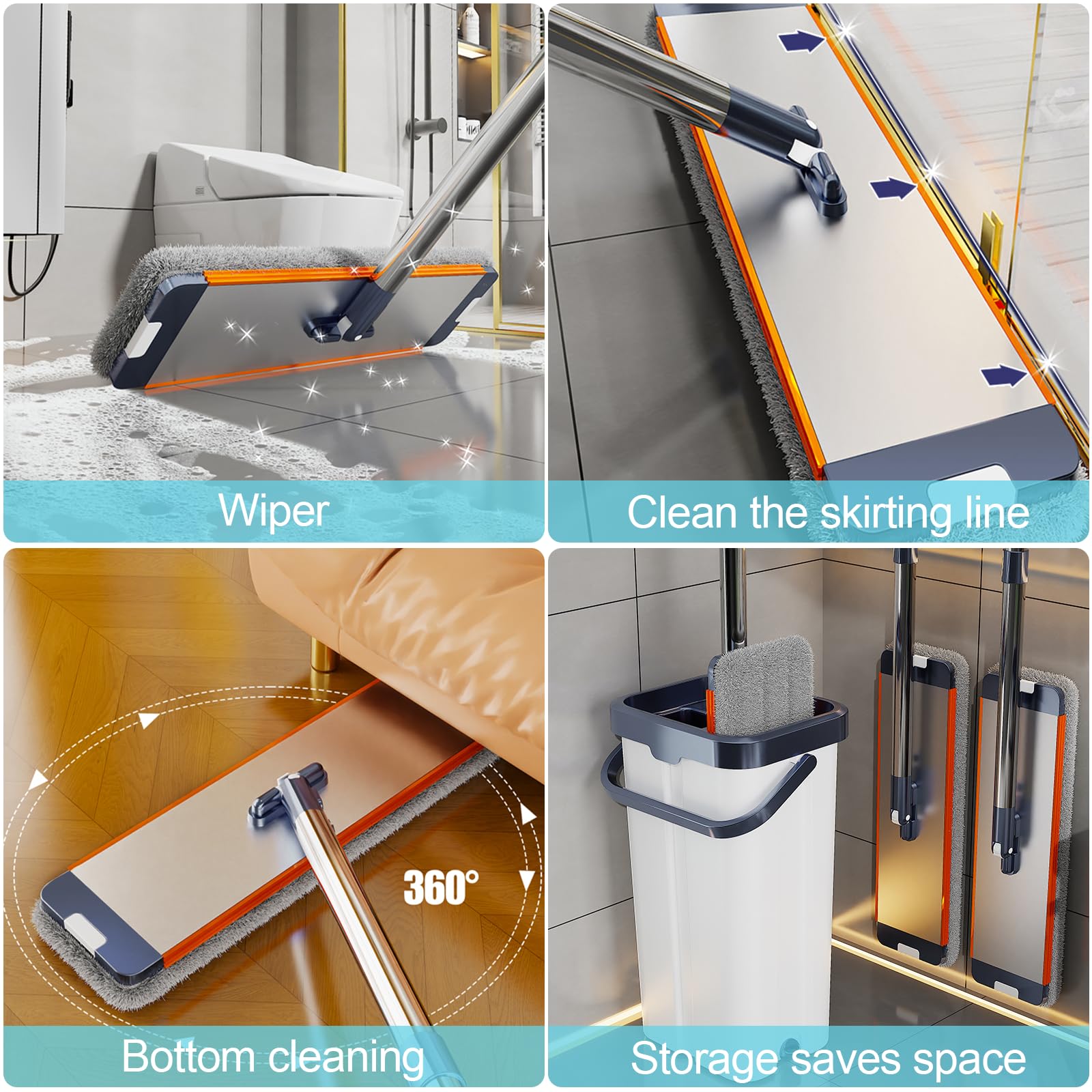 Ensemble Balai Serpillère avec Seau Essoreur,Set de 6 tampons en Microfibre et équipé d'un Manche allongé et épaissi de 155 cm, sépare la saleté de l'eau Douce,pour Tous Les sols, Blanc