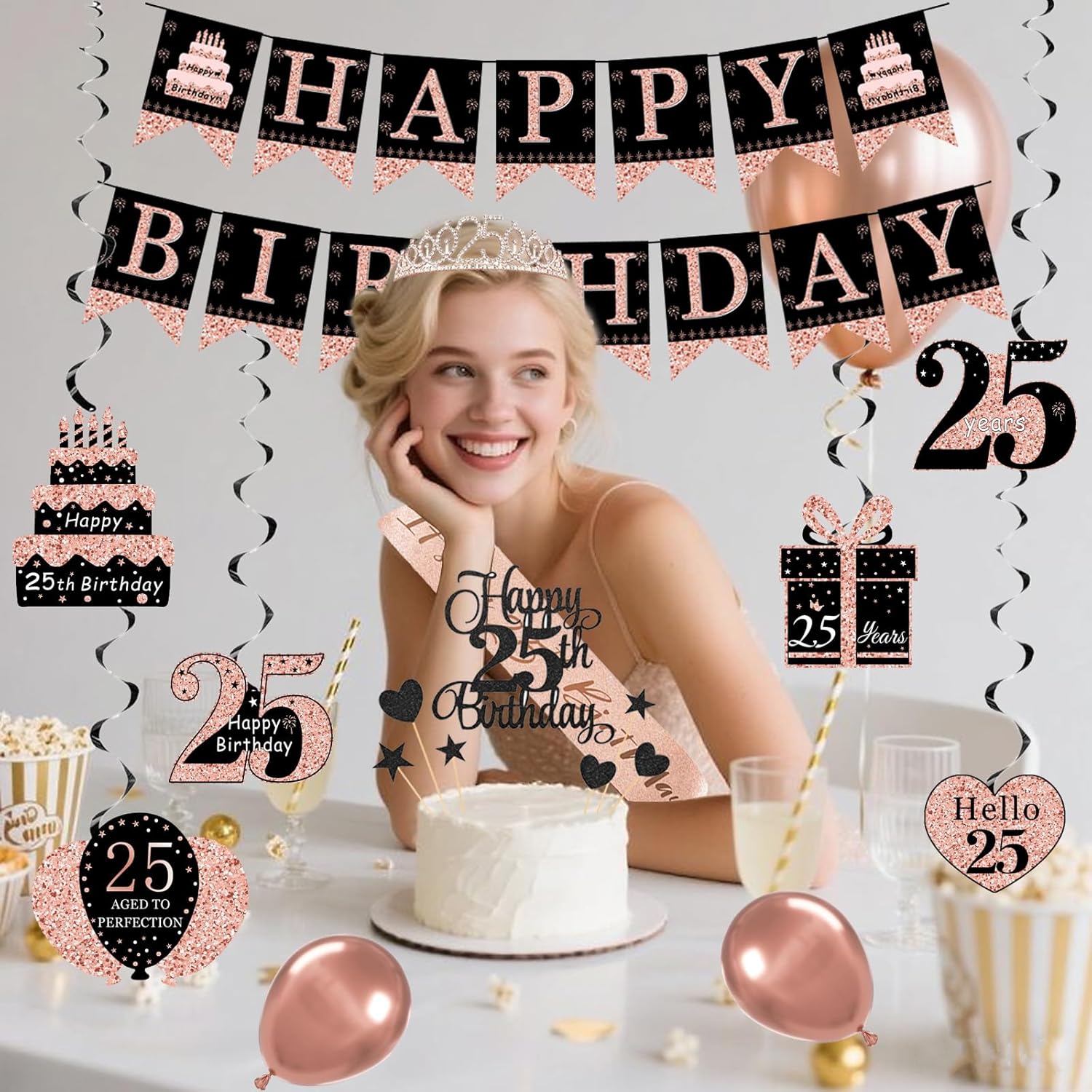 Rose Gold 25th Birthday Decorations for Girls Women - Backdrop, Sparkle Crown Sash, Happy 25th Birthday Banner, Cake Topper, 25 Number Balloons, Hanging Swirl Decorations - 70pcs - Image 6