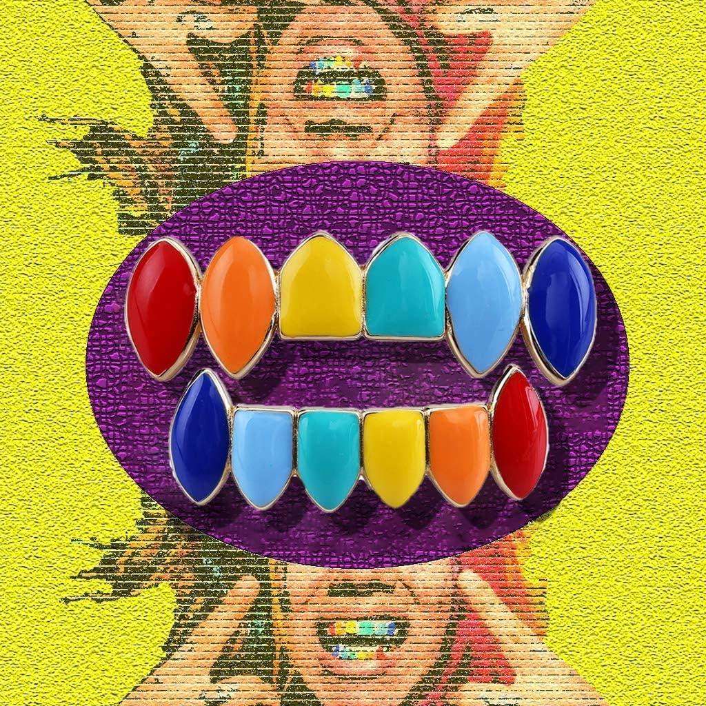 canjoyn Hip Hop 18K Gold Plated Colorful Rainbow Vampire Fangs Top and Bottom Grills for 6ix9nie Grillz Men for Your Teeth