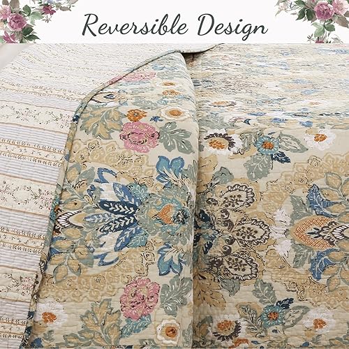 Miniatura 6 de Cozy Line Home Fashions Juego de edredón clásico de lujo, 100% algodón, color beige, azul, floral, rosa, flores, estilo bohemio, colcha reversible