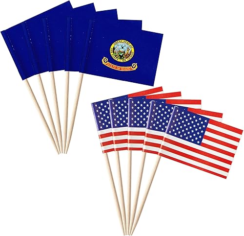 100 unidades de bandera de identificación de Idaho de Estados Unidos, palillos de dientes del estado de Idaho, mini adornos pequeños de Idaho para