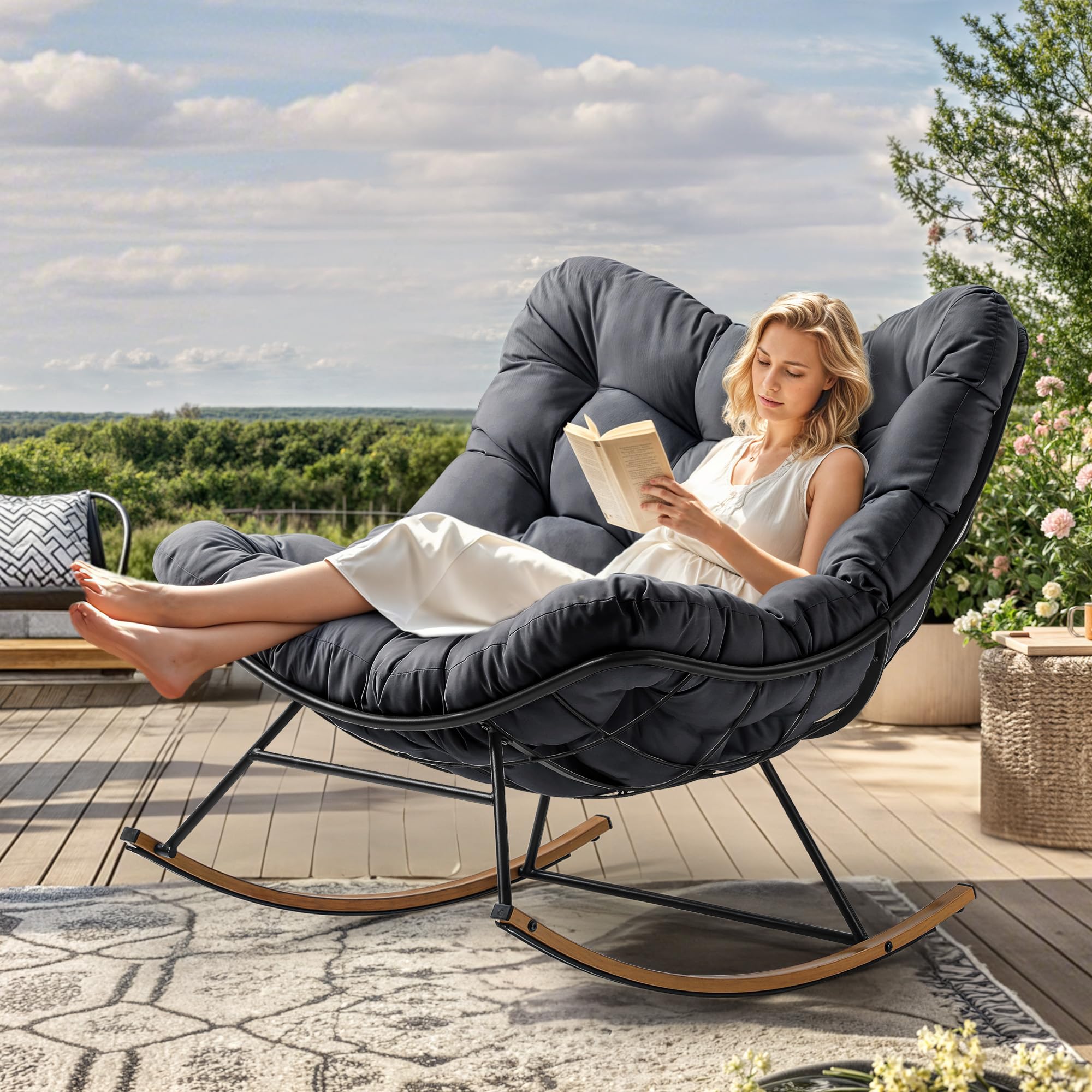 YITAHOME Übergroßer Schaukelstuhl, breite Schaukelliege mit extra dickem Sitzkissen, bequemer Loungesitz für den Innen- und Außenbereich, Wohnzimmer, Terrasse, Garten, Veranda (Grau)