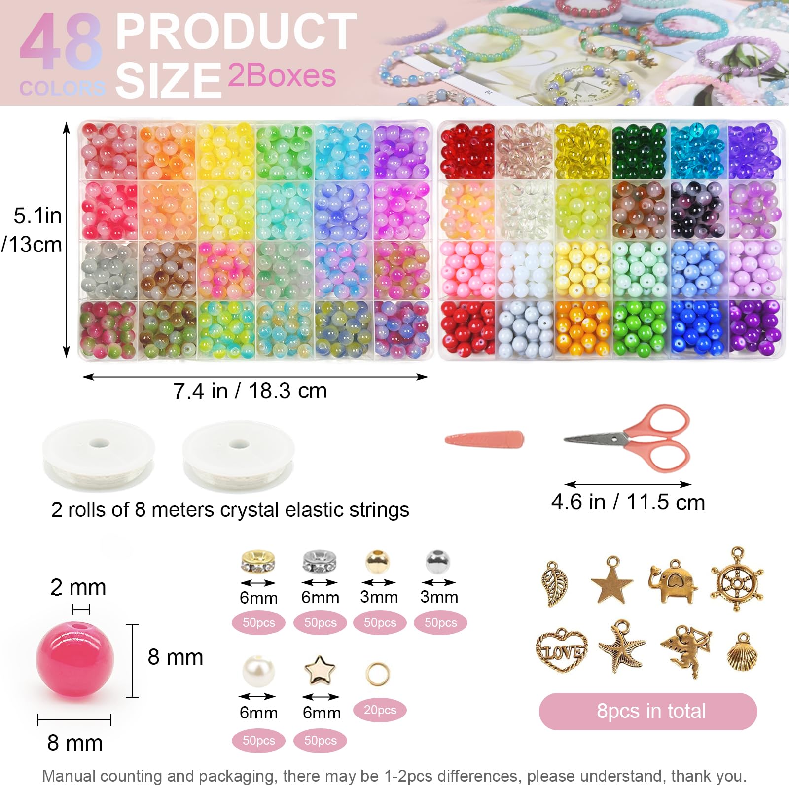 NEWMIAO 1528 Pcs 8mm Glass Beads Bracelet Making Kit, 48 Colors Crystal Beads for Jewelry Making, Round Glass Beads with Charms for Bracelets and DIY Crafts (48-Color-2)