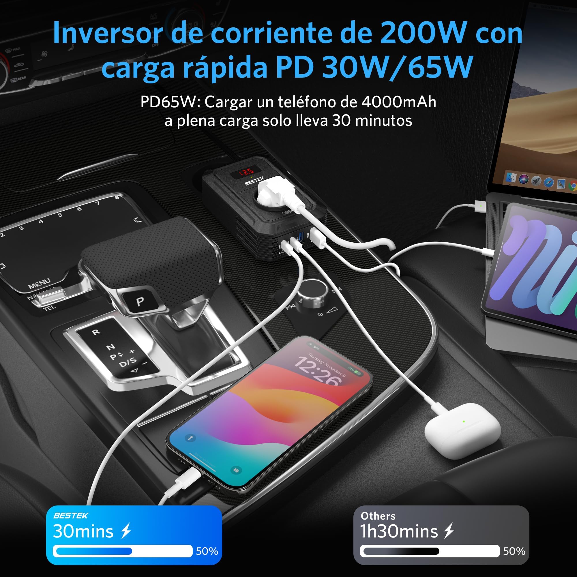 BESTEK Falownik 200 W DC 12 V na AC 230 V z 4 USB, czarny