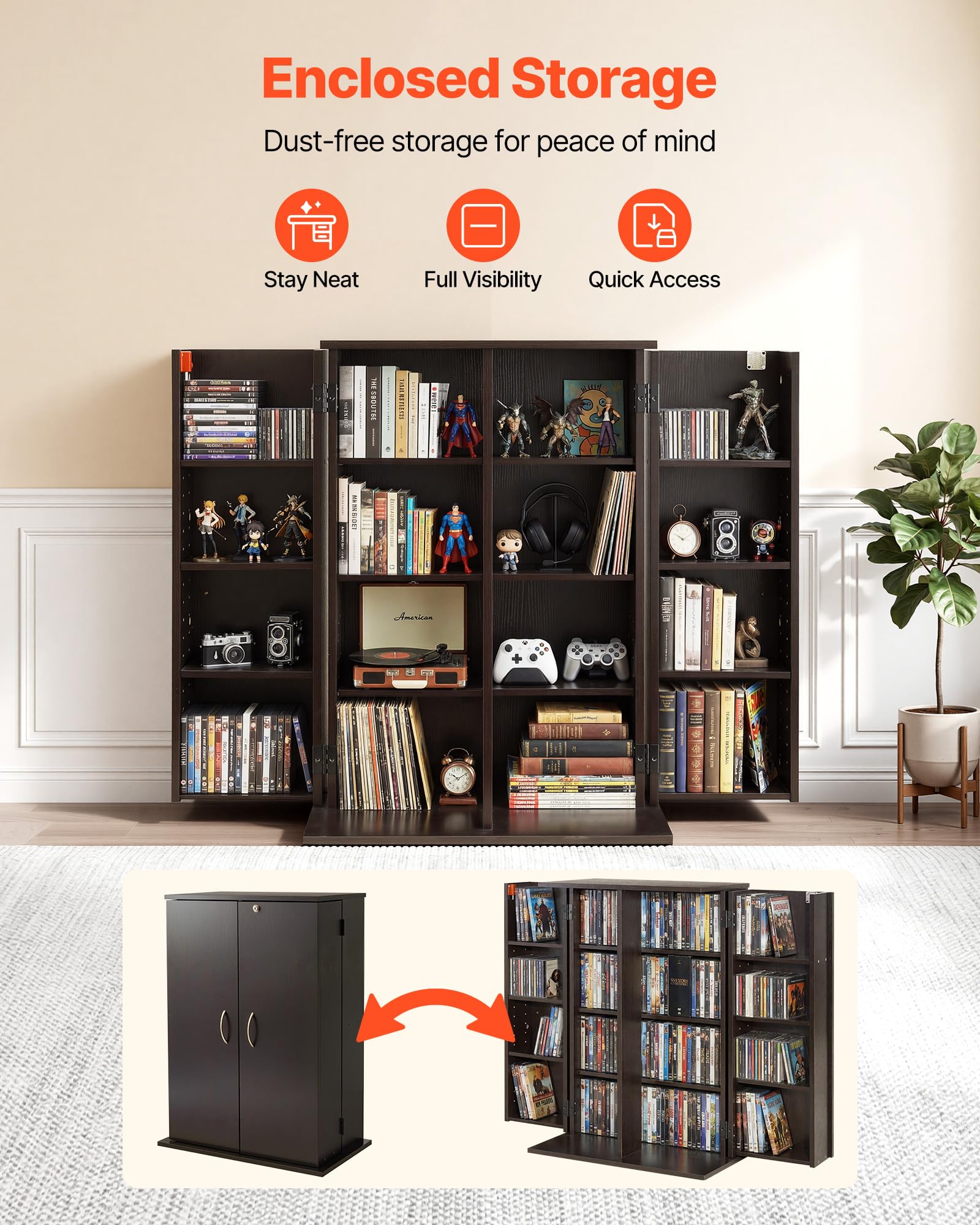 VEVOR Estantería de Pared, 610 x 368 x 846 mm, Armario de Almacenamiento de 16 Compartimentos, Estantes Ajustables, Dispositivos Antivuelco, para CDs DVDs Libros, Mueble para Salón Oficina, Marrón