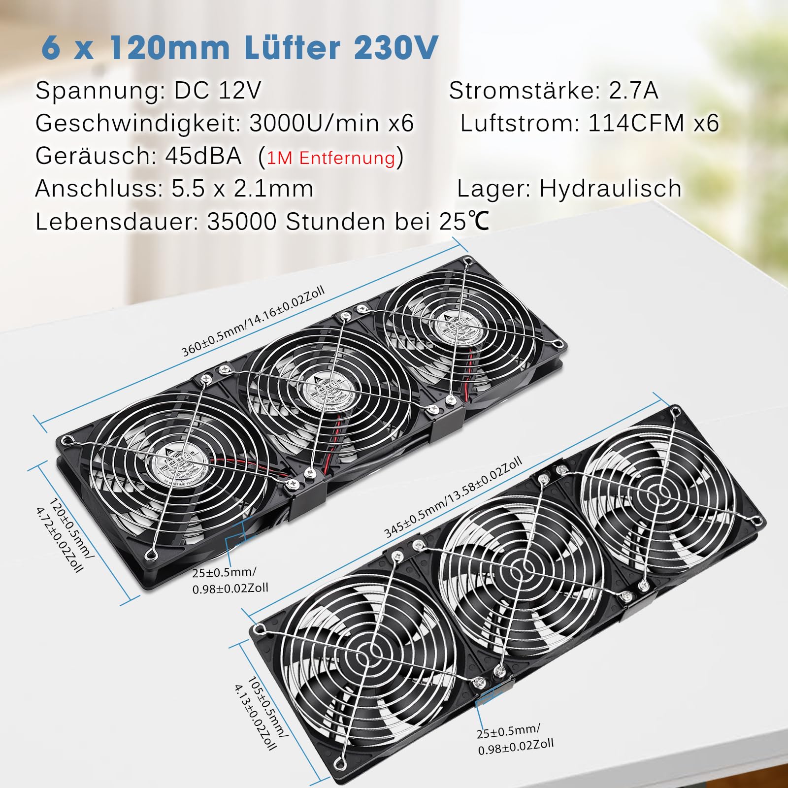 GDSTIME Lot de 6 ventilateurs 120 mm 230 V Dual 360 mm 220 V Ventilateur PC 3000 tr/min CC 4 V-12 V Vitesse réglable pour serveur d'ordinateur Serre