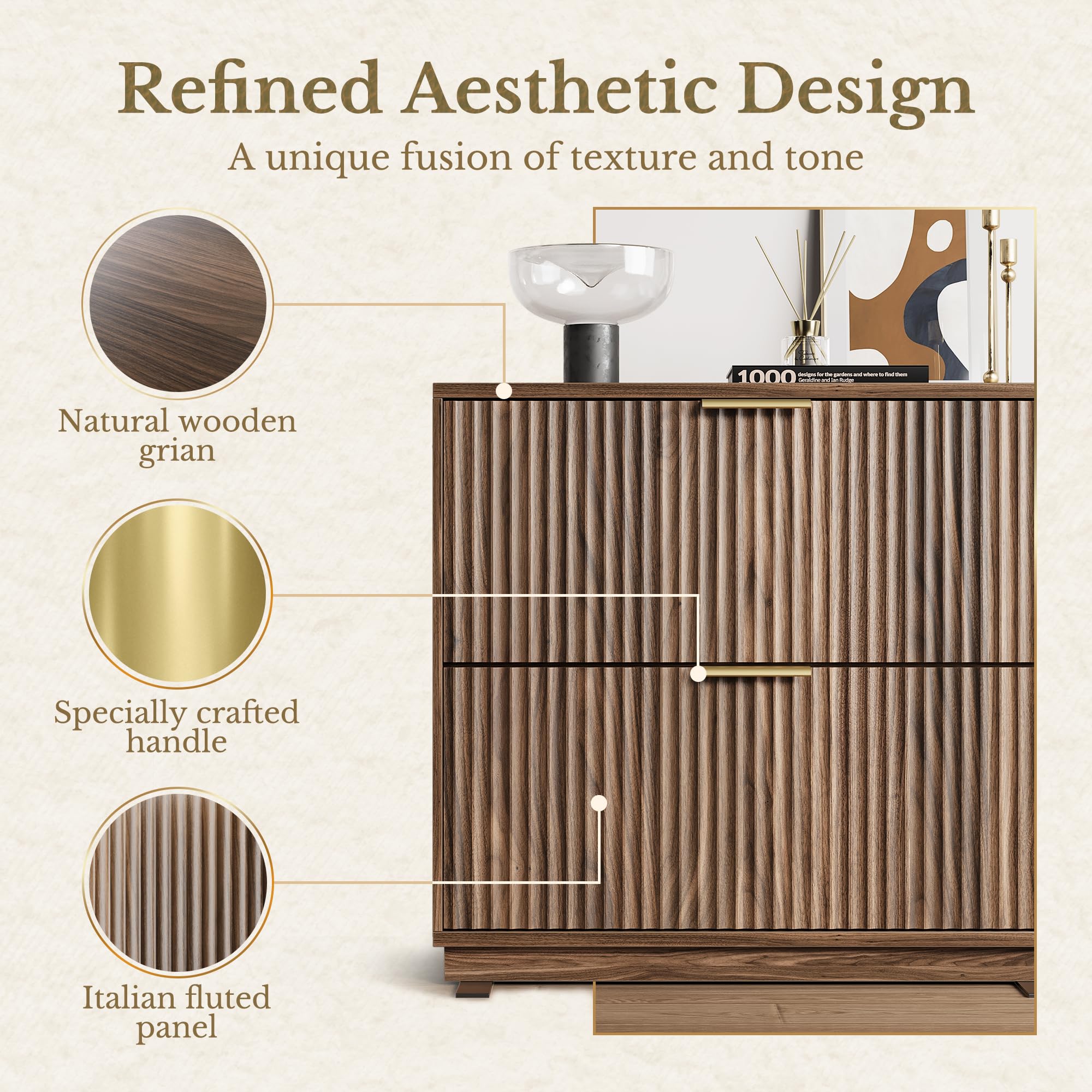 2 Drawer Fluted File Cabinet 32 Lateral File Cabinet for Legal Letter A4 F4 Size Hanging Files Wood — view 3