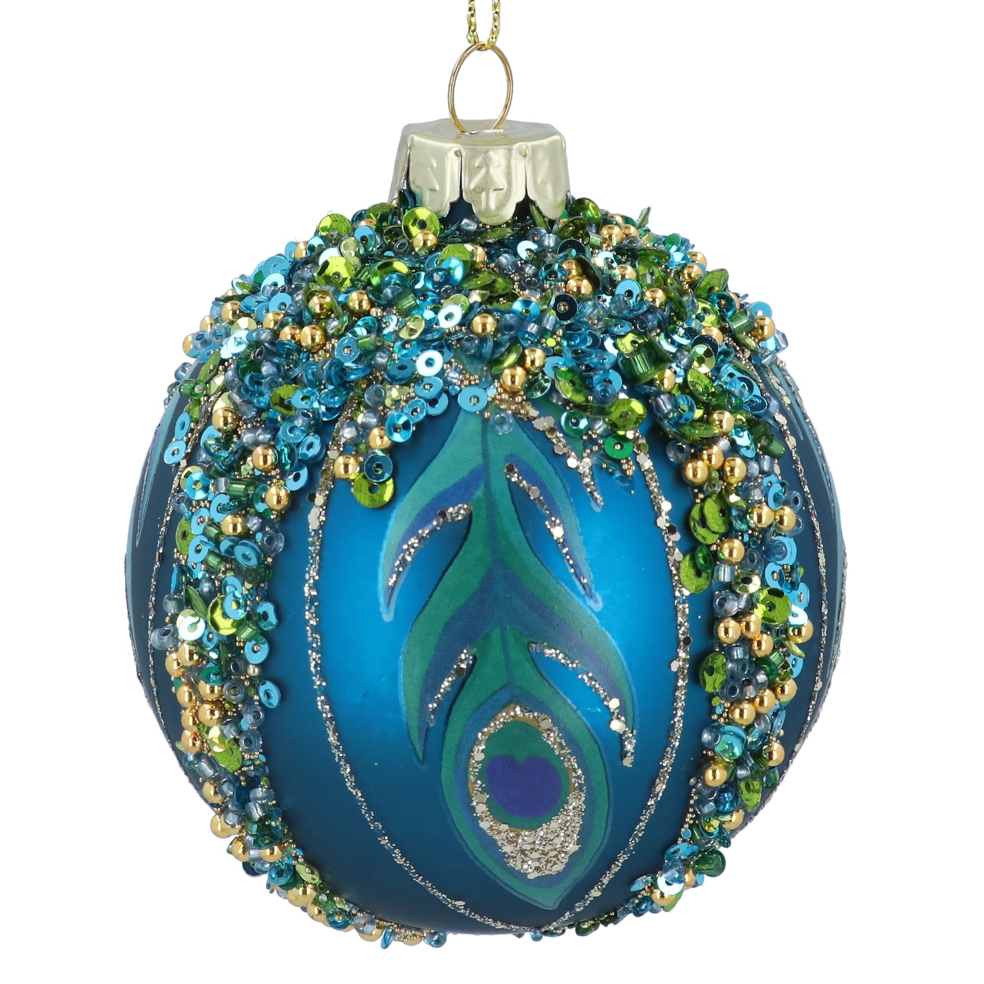 Gisela Graham Blue Matt Peacock With Sequins & Peacock Feather, 8Cm Glass, Ball
