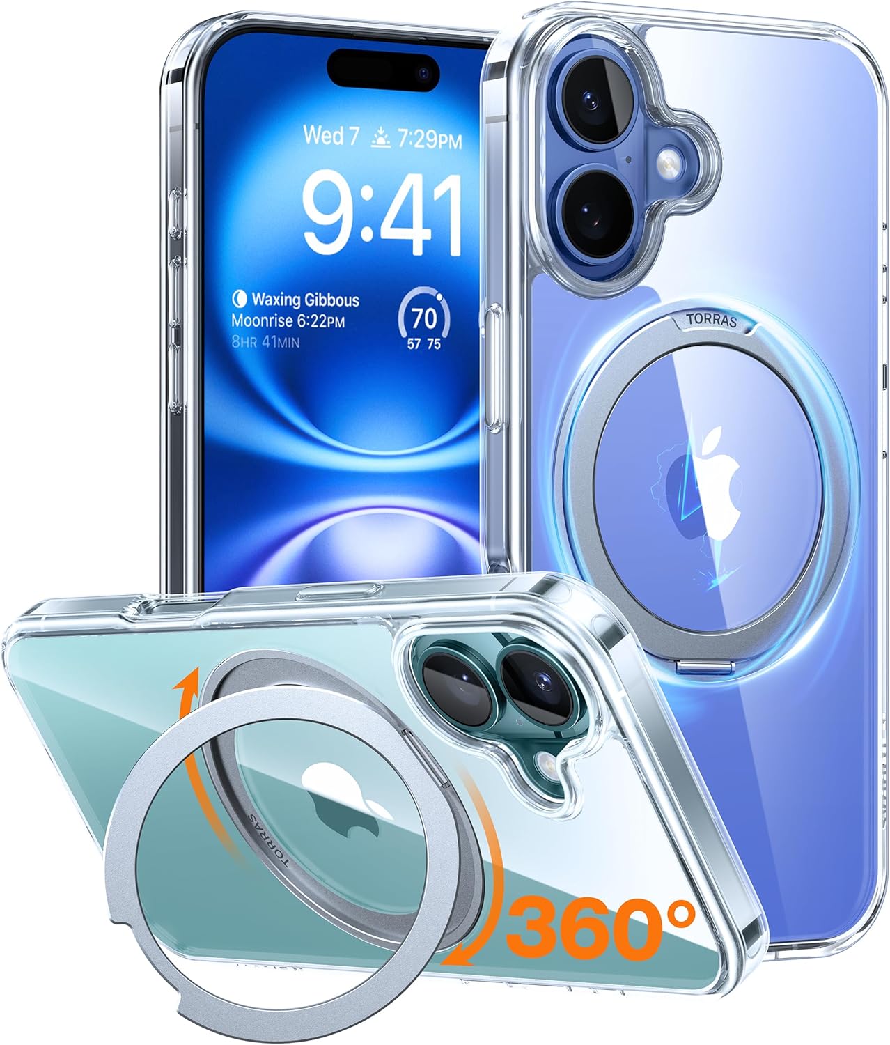TORRAS 360 Rotatable Magnetic Ring for iPhone 16 Plus Case, Fit for MagSafe with Stand Ring Holder, 16FT Military Grade Shockproof Clear Back Case for iPhone 16 Plus Phone Case Ostand 6.7", Clear