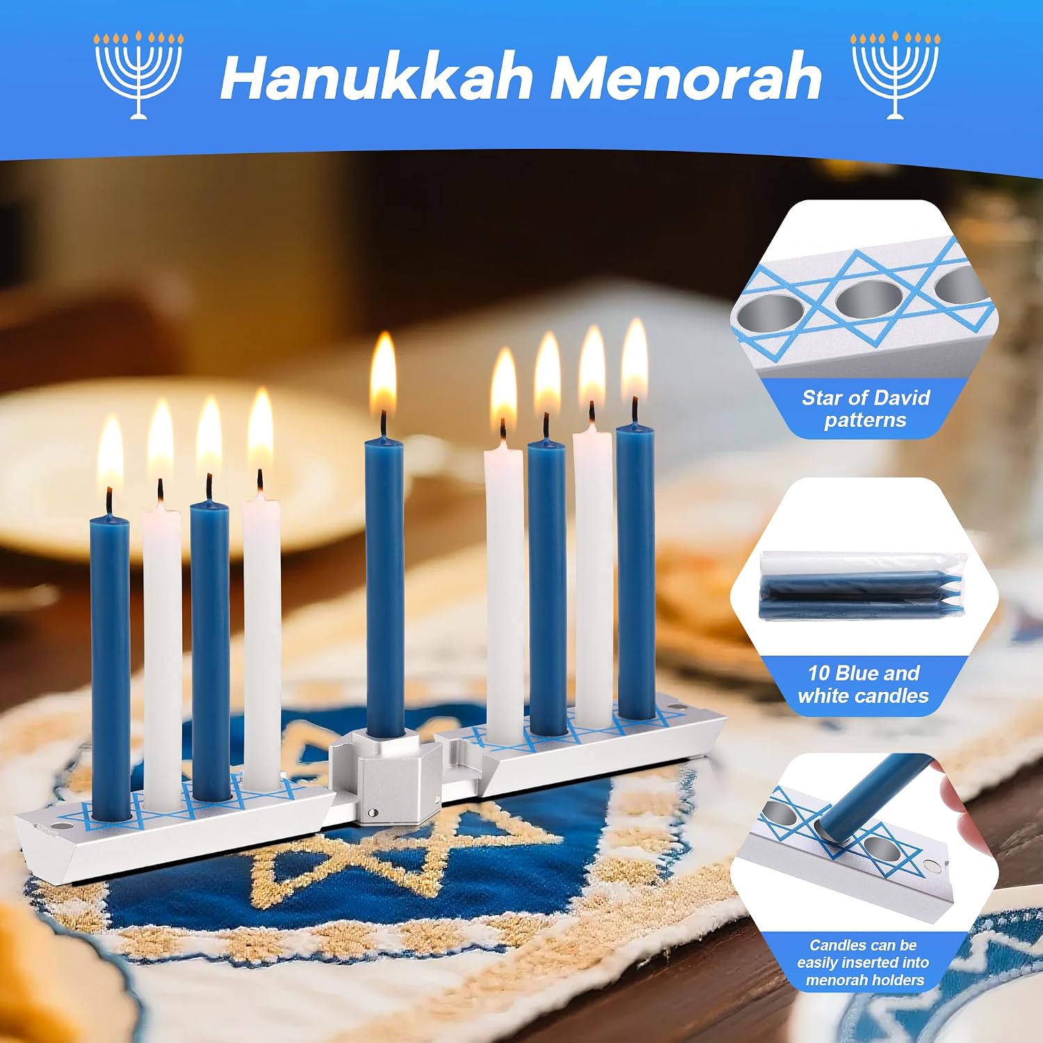 Meonum Folding Travel Chanukah Menorah with Candle Set, Foldable Hanukkah Menorah with 10 Blue and White Candles, Satin Silver, Fits Standard 0.3 in Hanukkah Candles, for All 8 Nights of Chanukah