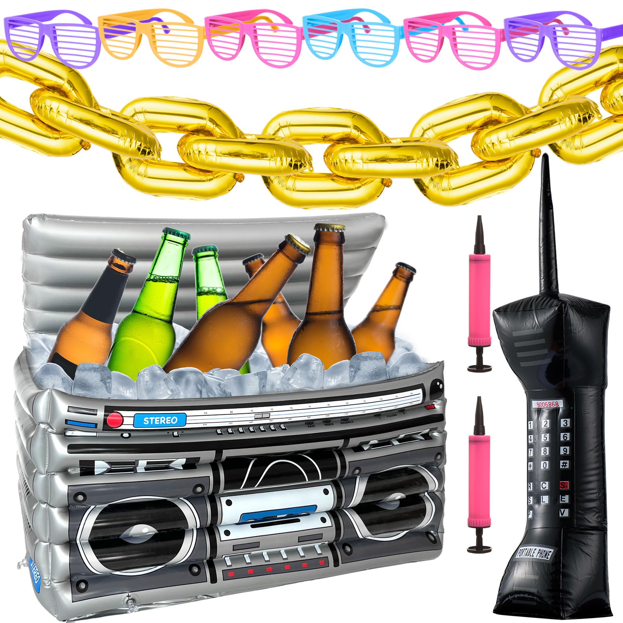 YAROMO80s 90s Party Decorations, 22 Pieces Inflatable Boom Box Mobile Phone and 16 Inch Gold Inflatable Foil Chain Balloons Plastic Shutter Shades Glasses