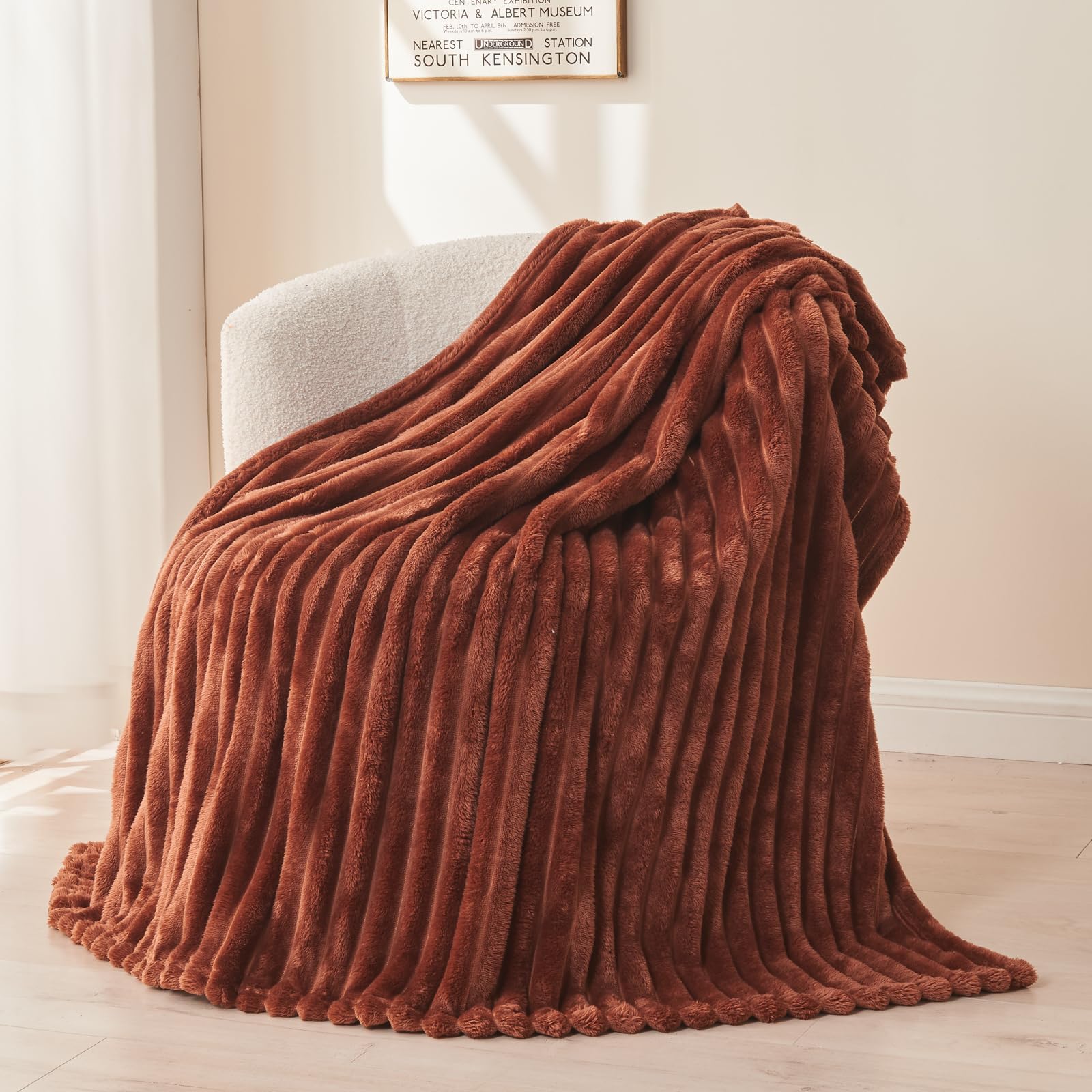 NEWCOSPLAY Super Soft Throw Blanket Coffee Premium Silky Flannel Fleece 3D Ribbed Jacquard Lightweight Bed Blanket All Season Use (Coffee Ribbed, Throw(50"x60"))