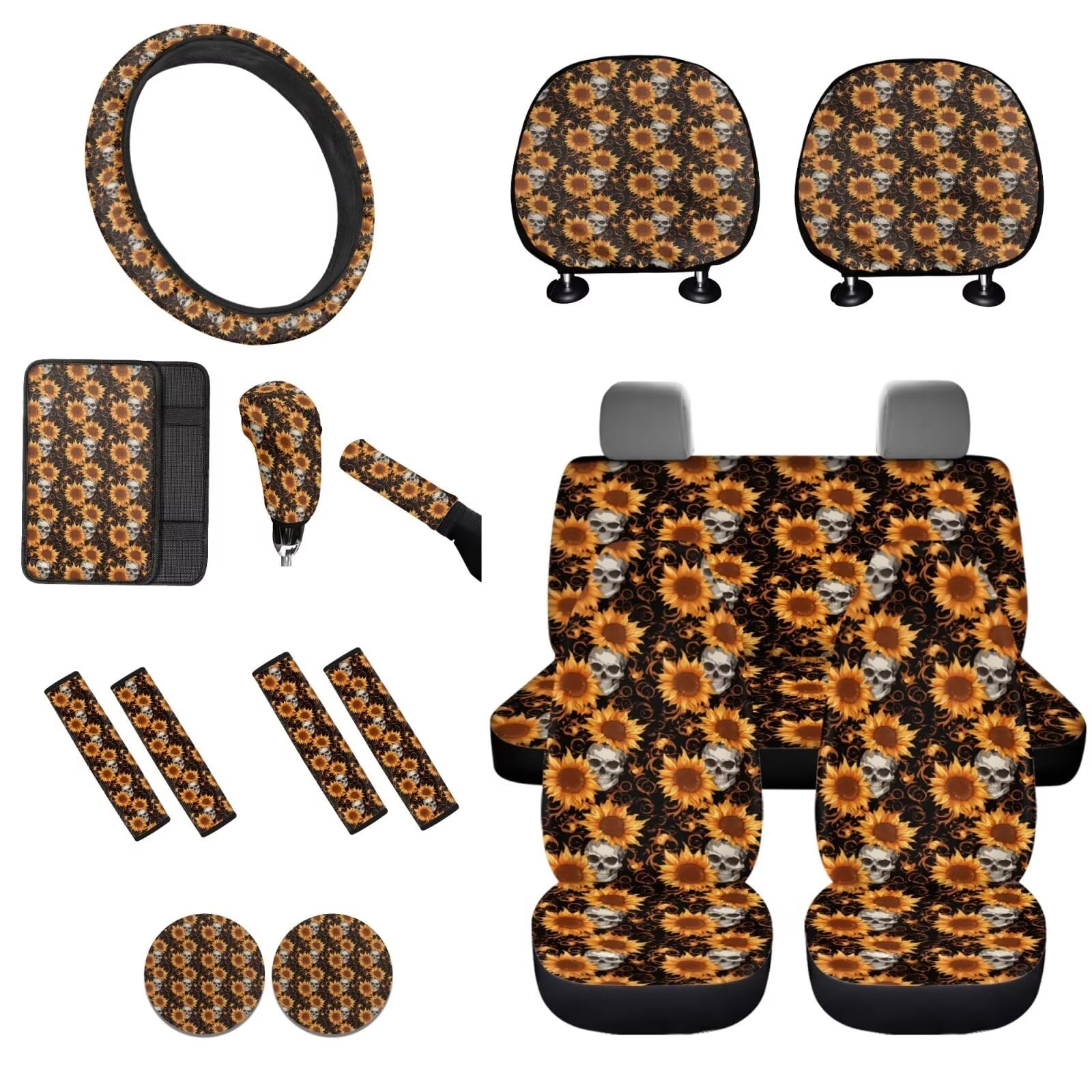 Set di 16 coprisedili anteriori e posteriori per auto, per donne e uomini, con stampa di girasole e teschio con coprivolante, braccioli coordinati, copertura per cintura di sicurezza,
