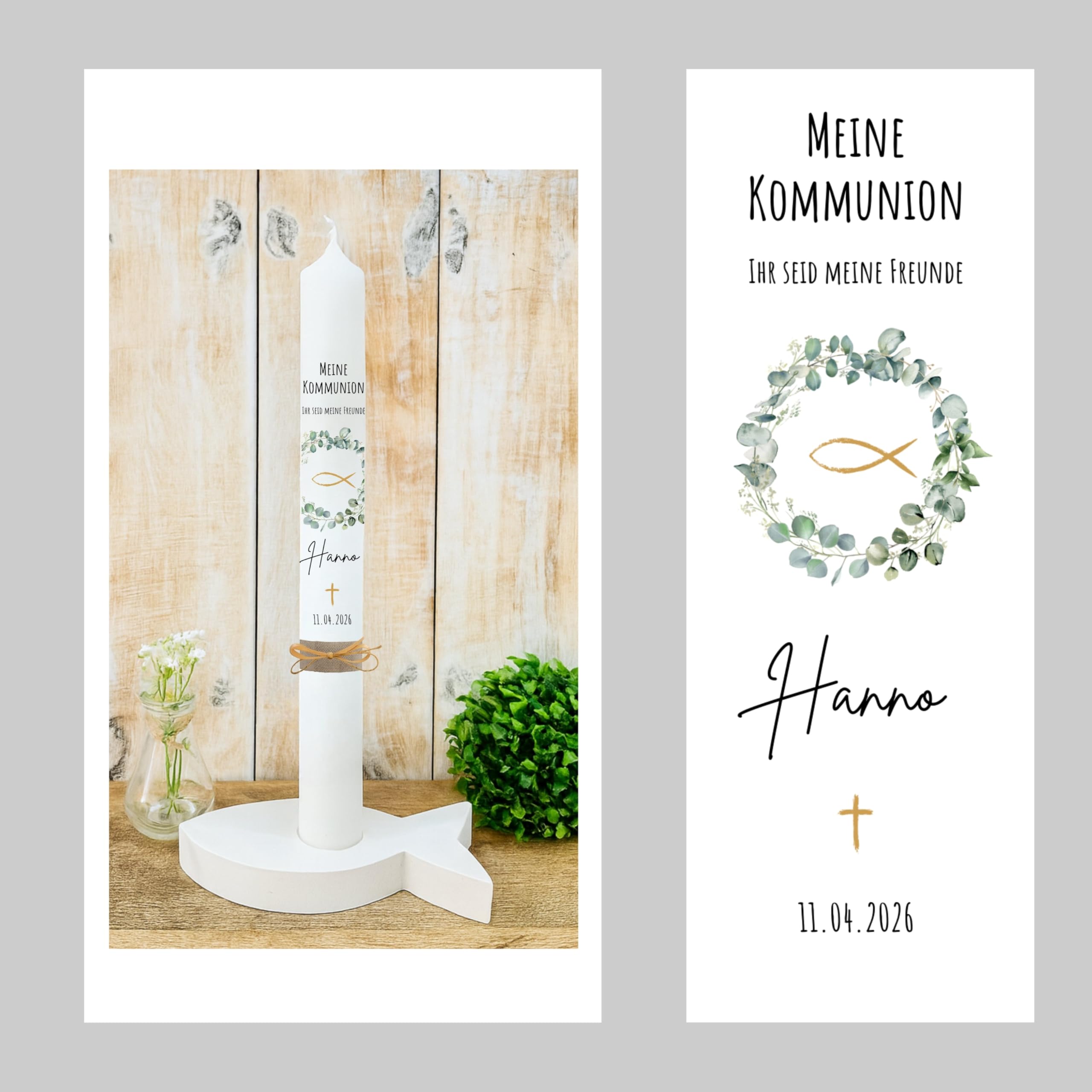 VILLA ROSA LOTTA – Personalisierbare Kommunionkerze „Hanno“ mit Wunschdaten, Rückseite und Holzbox | Eukalyptus Kranz und Spruch | 40 cm x 4 cm | für Jungen und Mädchen | Altarkerze elfenbein
