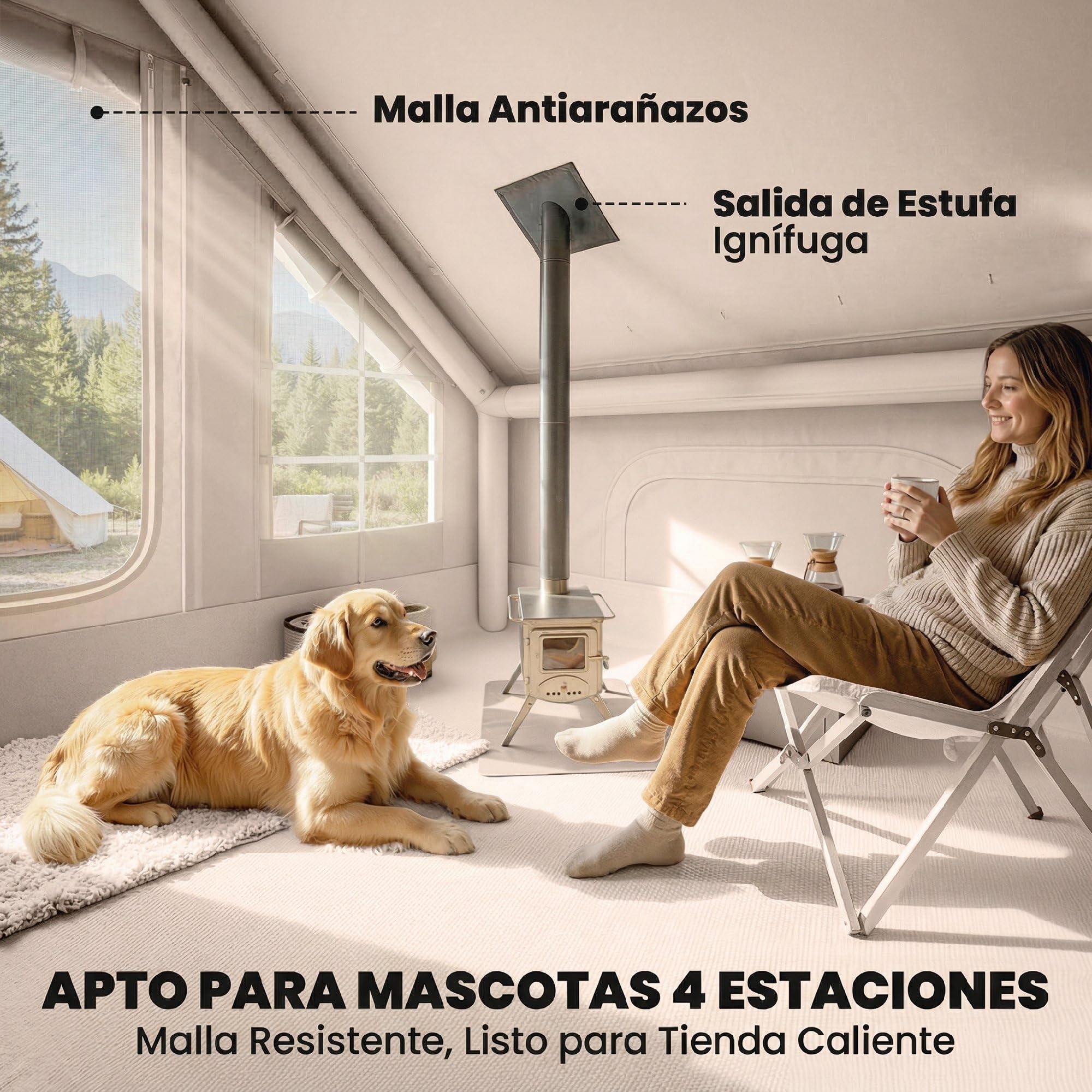 Outsunny Tienda de Campaña Inflable Glamping para 5–8 Personas con Apertura de Chimenea y Claraboya Bomba UPF30+ Bolsa para 4 Estaciones Instantáneo Resistente al Viento Tela Oxford Impermeable 5000+