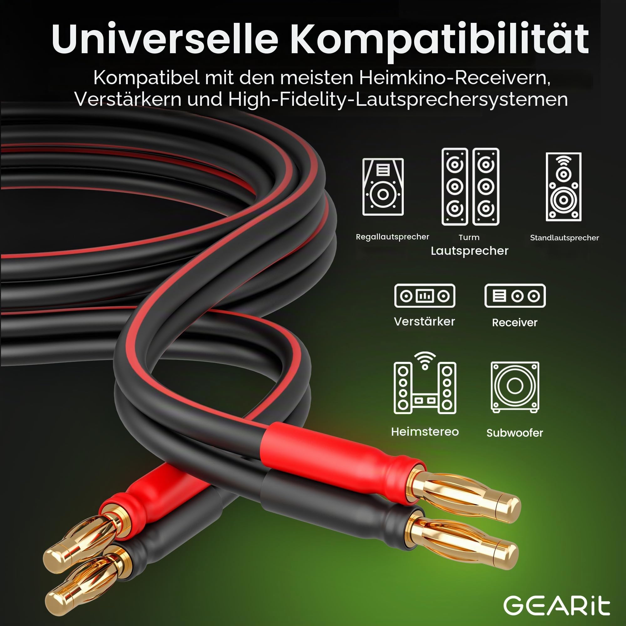 GEARit OFC Lautsprecher kabel 2 x 2,50 mm² 2 Meter Audio Kabel 14 AWG CL2 Speaker Cable HiFi Boxkabel 2 Adriges Kabel mit Vergoldeten Bananensteckern 2-Pack