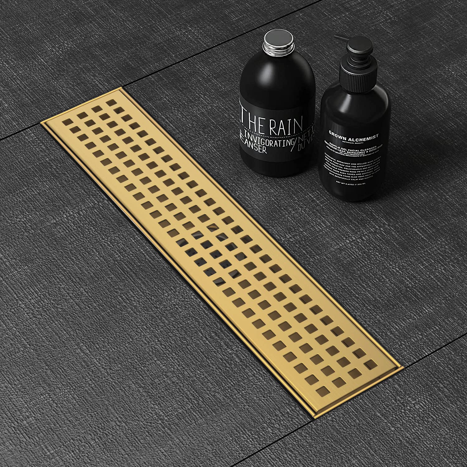 WEBANG 12 Inch Shower Linear Gold Drain Rectangular Floor Drain with Accessories Square Hole Pattern Cover Grate Removable SUS304 Stainless Steel CUPC Certified Brushed Gold Brass