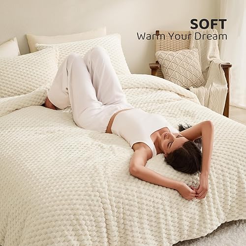 Miniatura 2 de Petrichor Juego de edredón mullido tamaño Queen, edredón grueso de franela blanca crema ultrasuave para cama Queen, juego de cama cálido de lujo