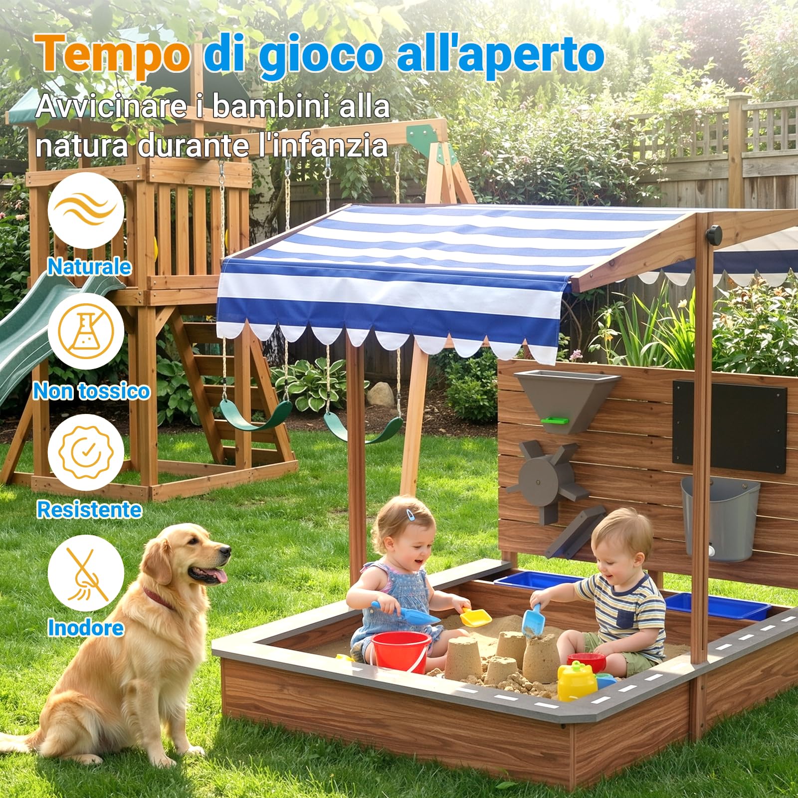 MAMIZO Sabbiere in Legno per Bambini 3-10 anni, Sandbox da Esterno Tetto Regolabile, Recinto di Sabbia con Lavagna, Rubinetto, 2 Bacinella, Playhouse per Giardini, Spiagge, Balconi, 100x111x105 CM