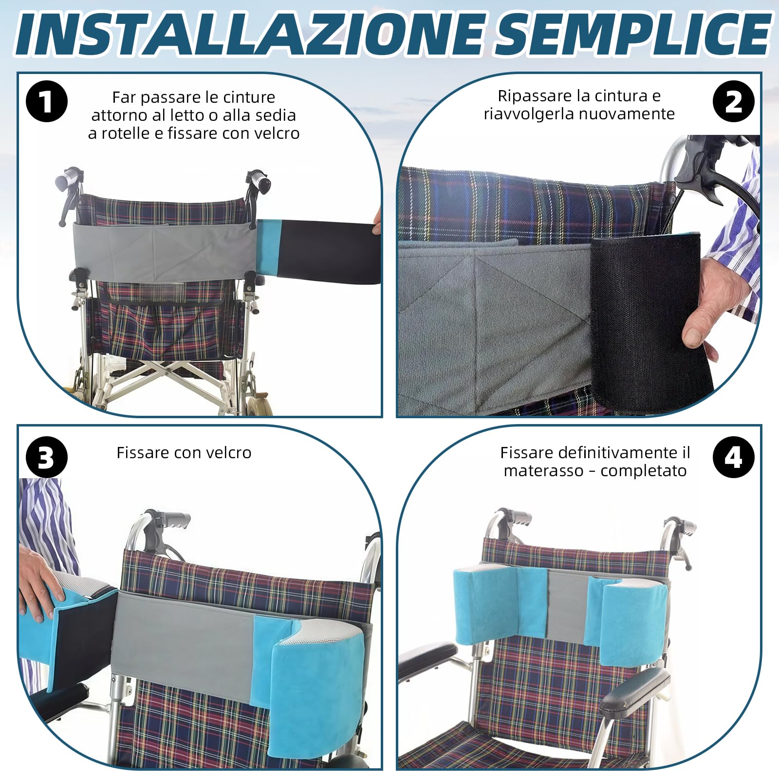 Cuscino di supporto laterale regolabile per sedia a rotelle, chiusura antiribaltamento universale, rivestimento antidecubito, supporto di posizionamento laterale e aiuto di sicurezza per sedie
