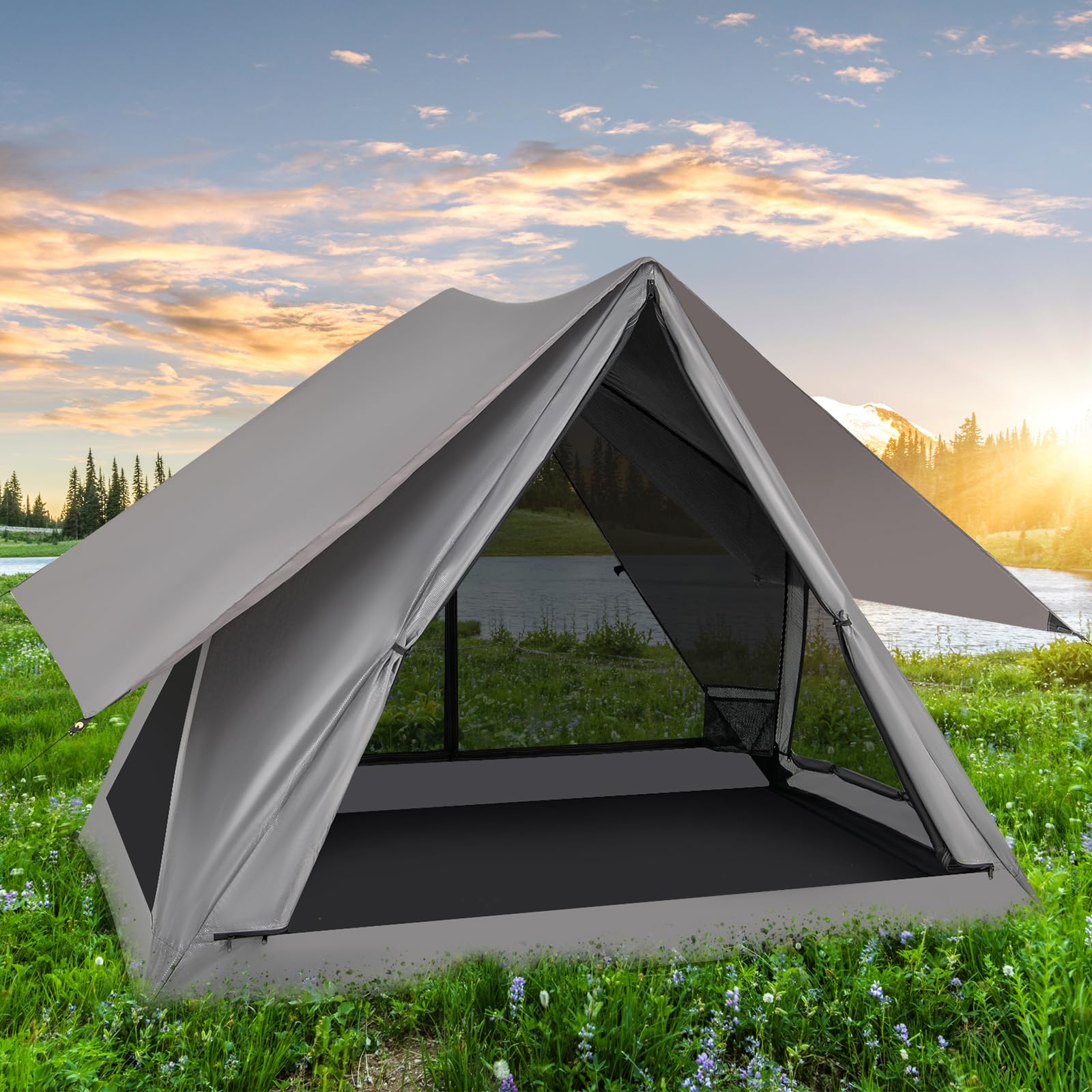 GOPLUS Tente de Camping pour 4-6 Personnes, Tente Familiale Tipi Chapiteaux, 3 Portes, 3 Fenêtres en Maille,Sac de Transport, pour Randonnée, Voyage