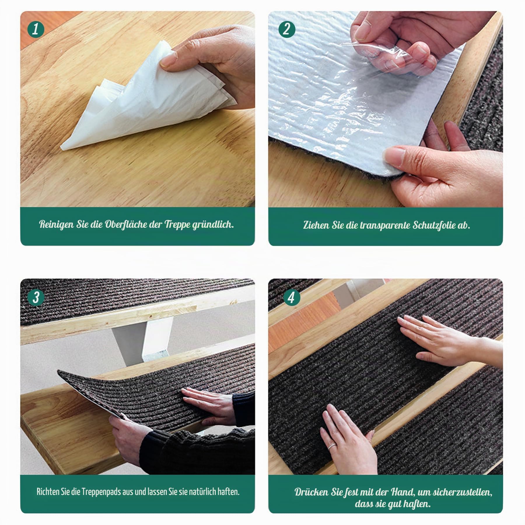 Treppenstufenmatten Selbstklebend 15 Stück, 76 x 20 cm Anti-Rutsch Stufenmatten Zuschneidbar, Rückstandsfrei Waschbar Treppenteppich für Holztreppen Innen, Sicher für Kinder Hunde Senioren(Grau Laub)
