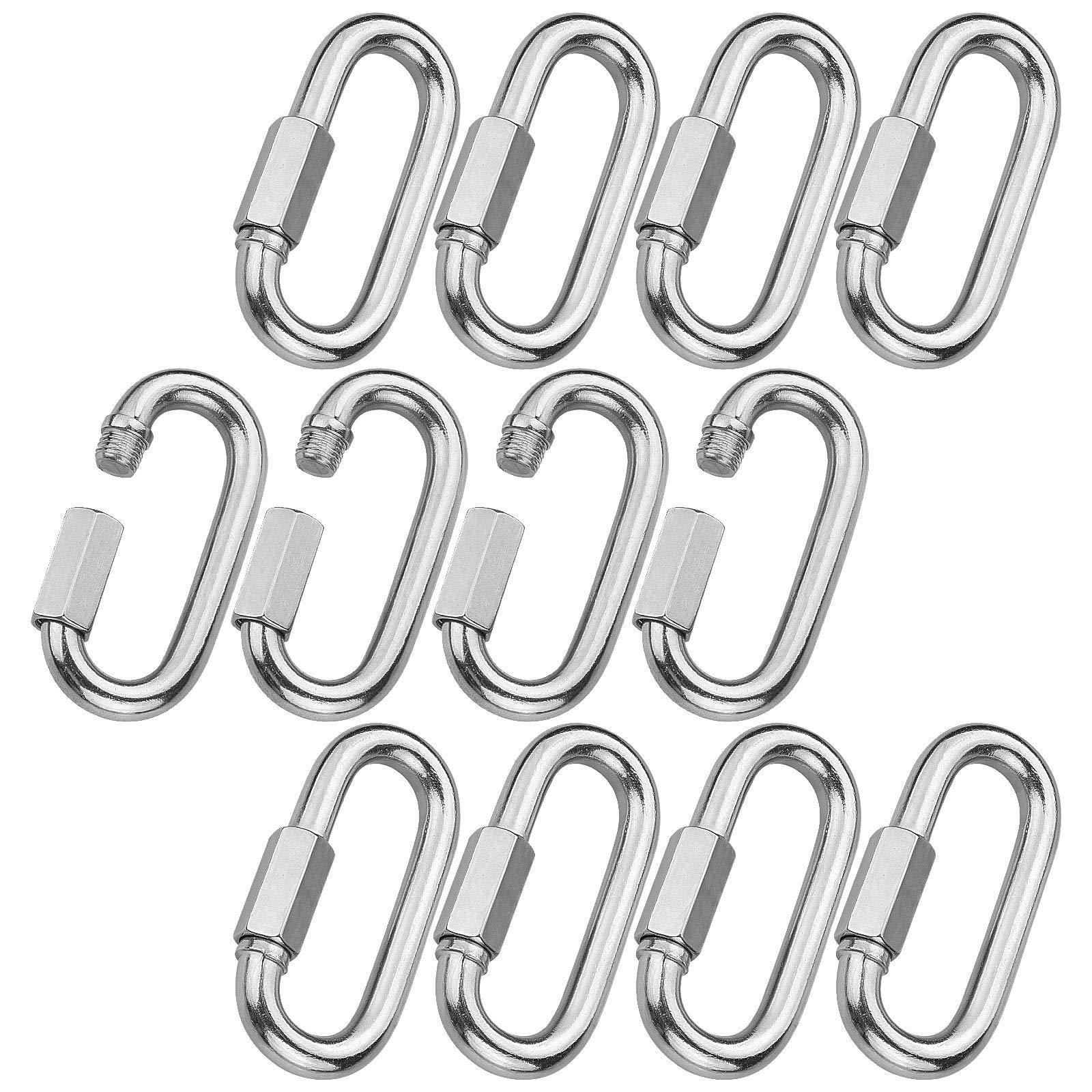 Ziqi304 Stainless Steel Locking Climbing Carabiners 2.95inch D Shape Locking Carabiner Quick Links M8 Chain Links for Swing Play Set 12pcs 1400lb Connector Screw Lock Clip