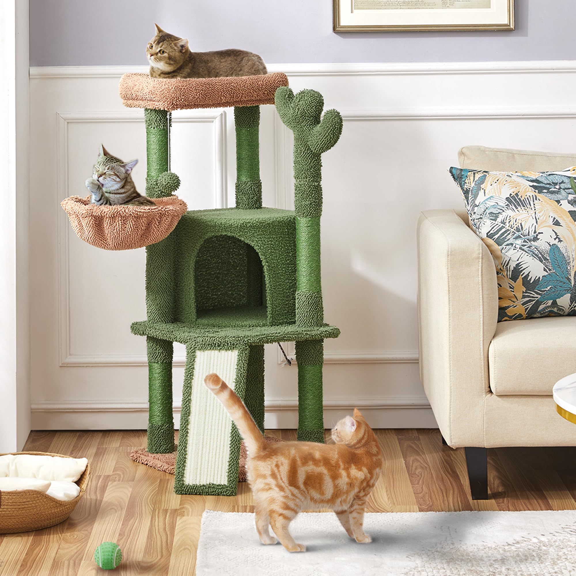 Yaheetech Árbol Rascador para Gatos Verde Cactus 42,5x42,5x106,5cm Torre para Gato Árbol para Mascota Estable de Varios Niveles con Canasta Verde y Marrón