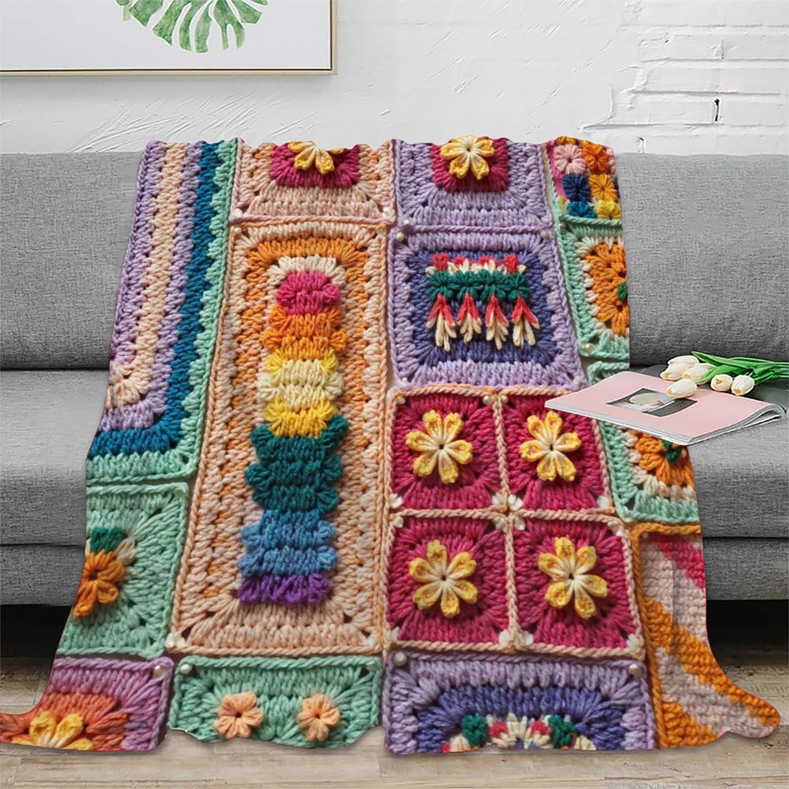 Phqazwsxe Xu5lsoxv51fz 3D Printed Crochet Squares Couch Blanket Microfiber Warm Soft Bedding Lightweight Handmade Textile Patterns Cozy Throw Blanket Luxurious Gift For Wedding Anniversary Newlyweds 40X50inch(100X130cm)