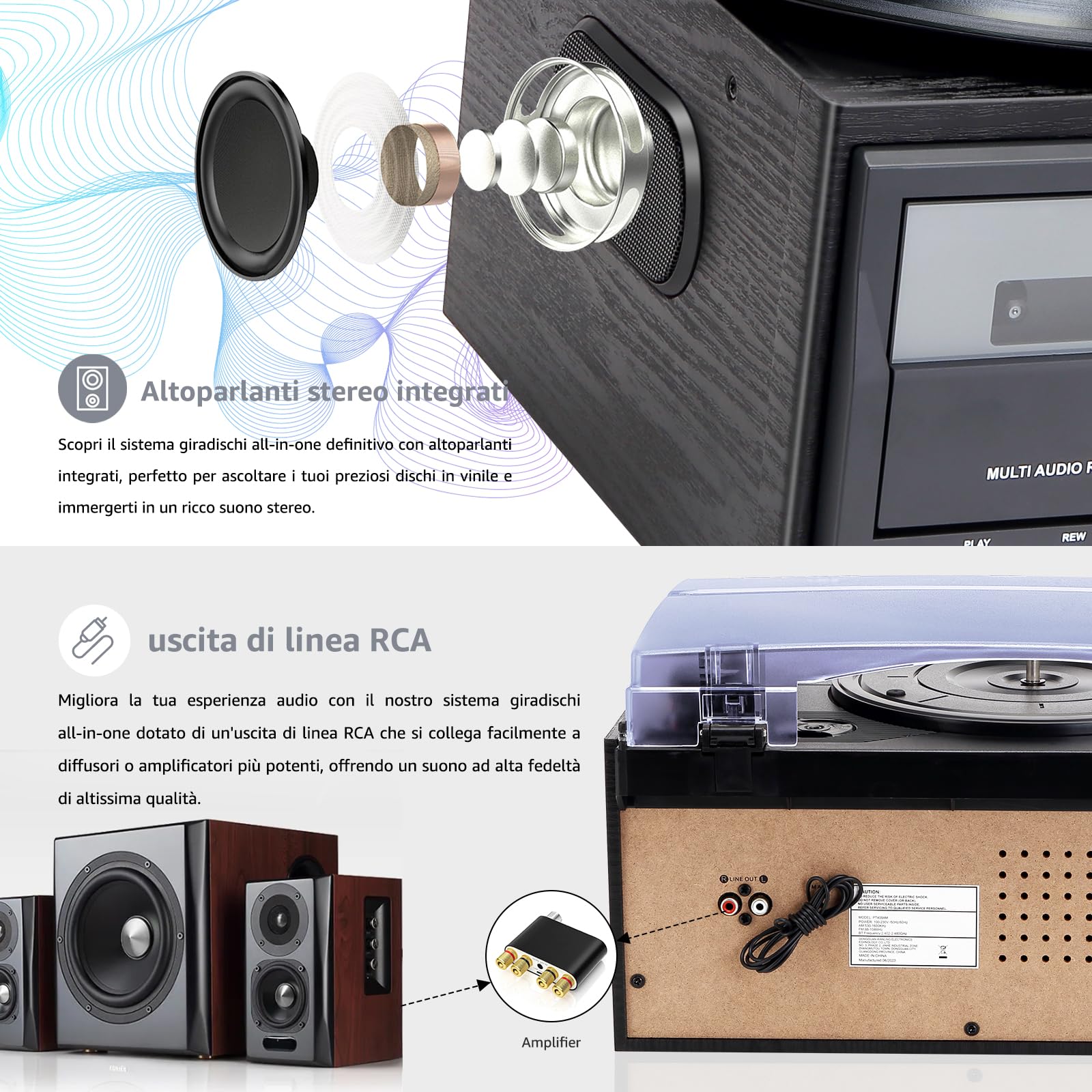 Giradischi Vintage 9 in 1 con Bluetooth, 3 Velocità, Lettore CD e Cassette, Radio AM/FM