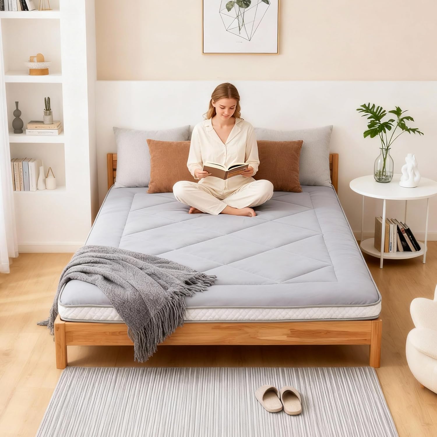 Welnow Japanese Futon Floor Mattress, Thick Twin Size Tatami Mat Portable & Foldable Roll Up Floor Bed Mattress with Storage Bag, Sleeping Pad for Adults, Dorm, Guest Bed, Camping and Travel, Grey